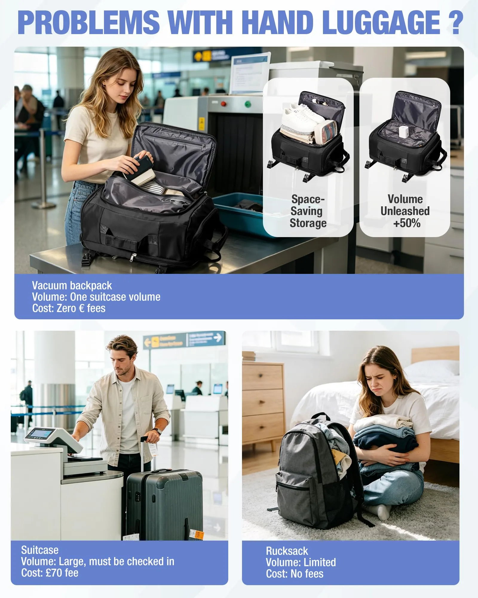 SZLX Zaino da Viaggio Sottovuoto con Pompa 40x30x20 per Ryanair, Wizzair, Easyjet, Impermeabile per Laptop 14 Pollici - immagine 9