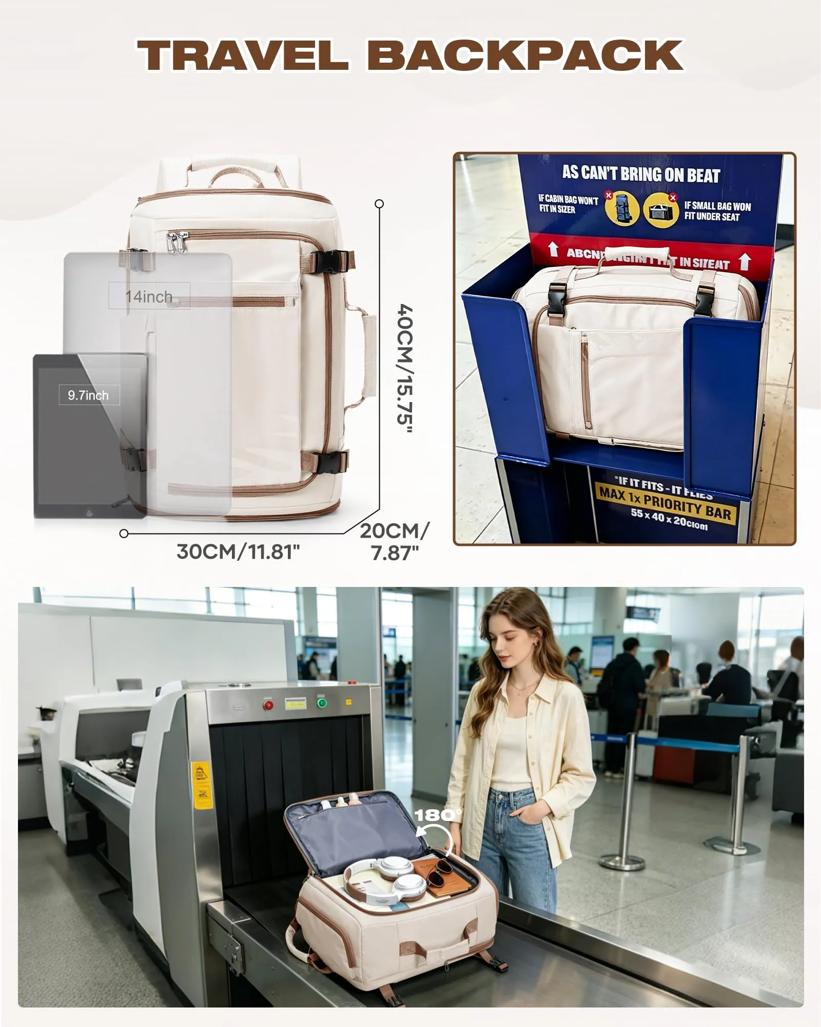 SZLX Zaino da Viaggio 40x30x20 per Ryanair Wizzair Easyjet, Impermeabile con Scomparto Laptop 14 Pollici - immagine 5