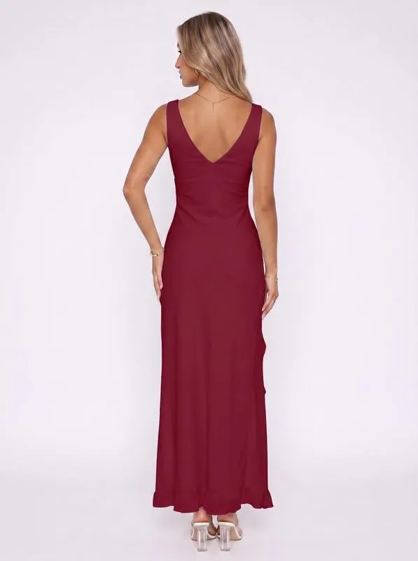 Xiaoliny Vestito Donna Elegante Senza Maniche Scollo a V Maxi Abito con Volant e Spacco in Rete Schiena Scoperta - immagine 5