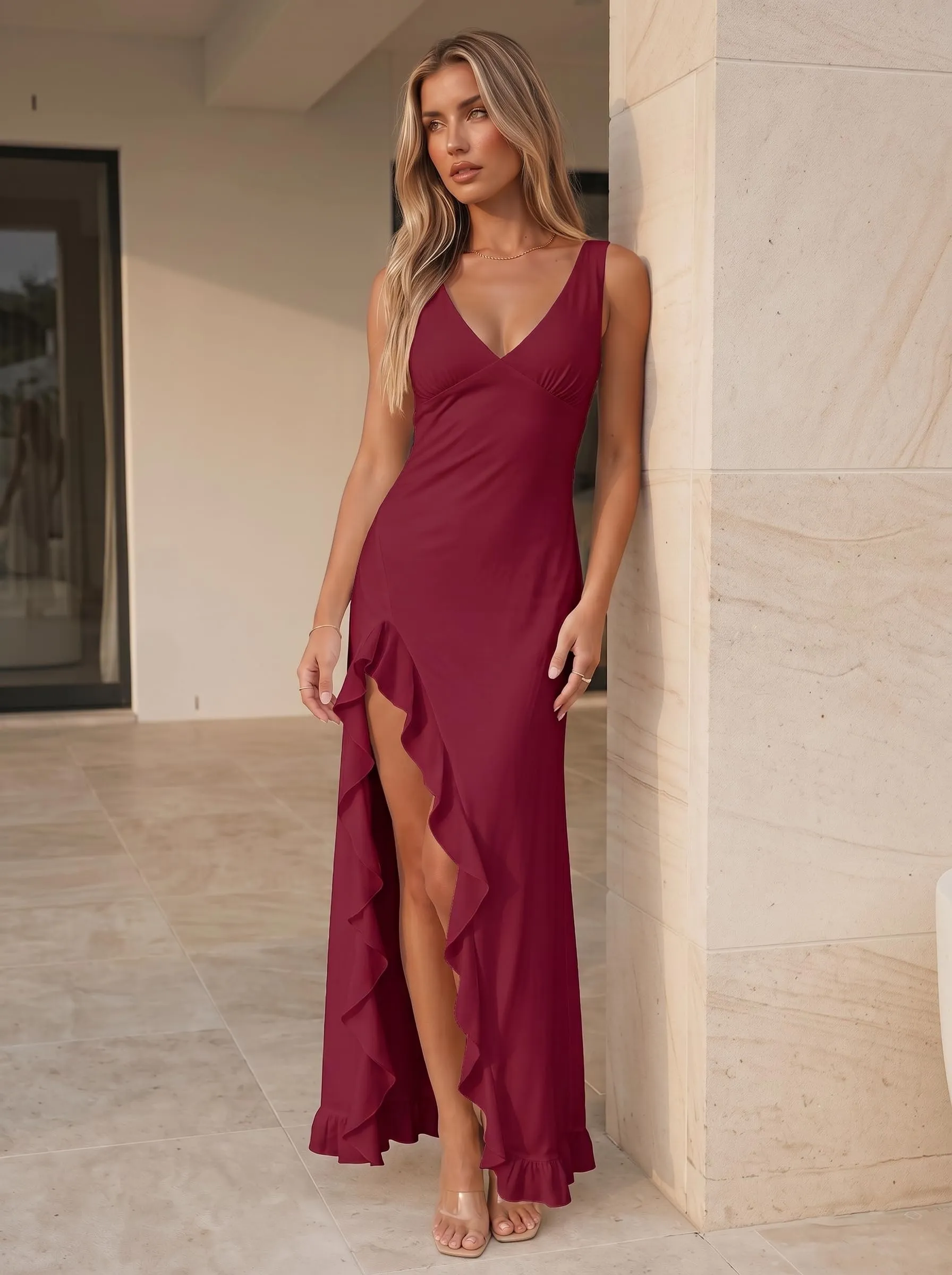 Xiaoliny Vestito Donna Elegante Senza Maniche Scollo a V Maxi Abito con Volant e Spacco in Rete Schiena Scoperta - immagine 7