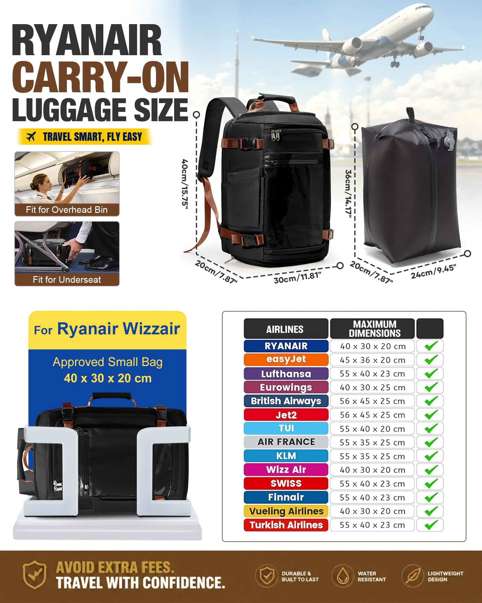 SZLX Zaino da Viaggio Sottovuoto con Pompa 40x30x20 per Ryanair, Wizzair, Easyjet, Impermeabile per Laptop 14 Pollici - immagine 4