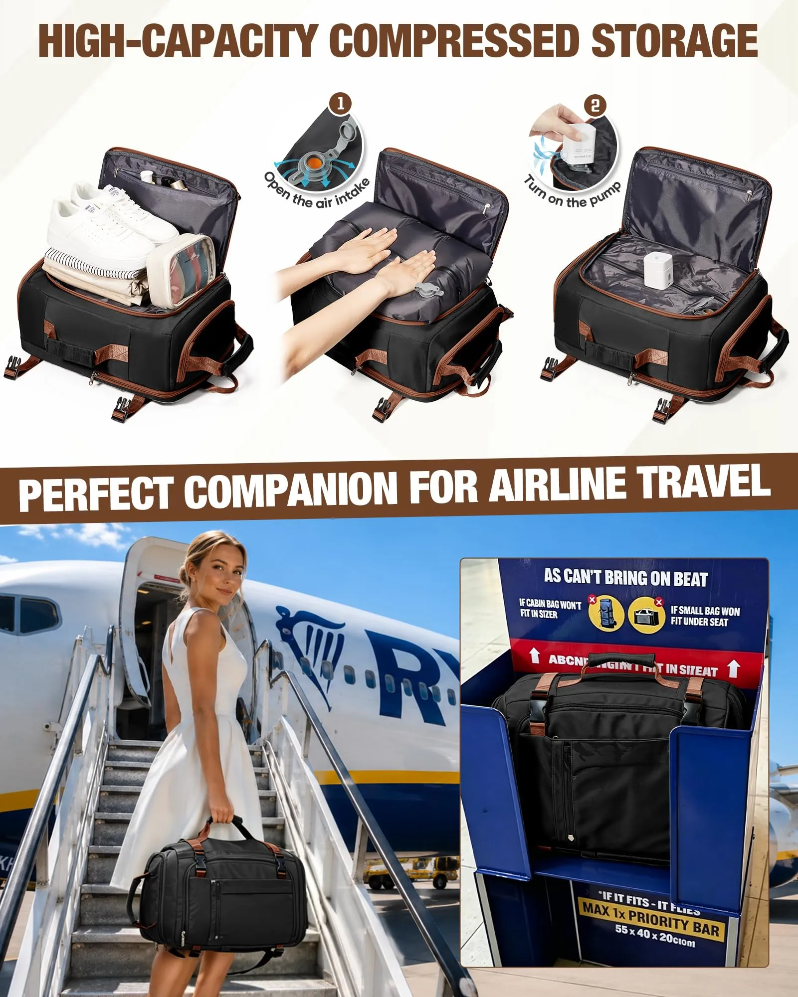 SZLX Zaino da Viaggio Sottovuoto con Pompa 40x30x20 per Ryanair, Wizzair, Easyjet, Impermeabile per Laptop 14 Pollici - immagine 5