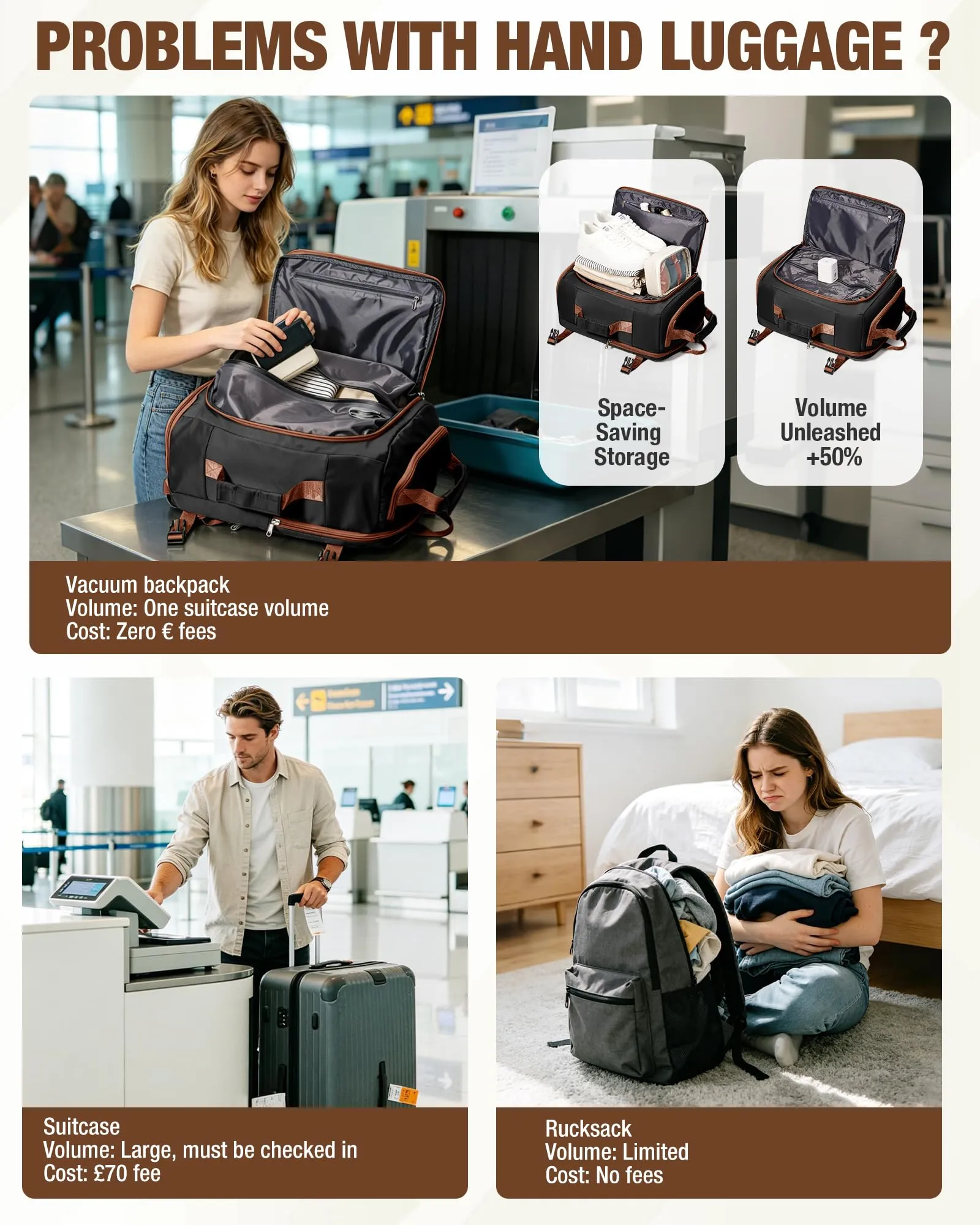 SZLX Zaino da Viaggio Sottovuoto con Pompa 40x30x20 per Ryanair, Wizzair, Easyjet, Impermeabile per Laptop 14 Pollici - immagine 8