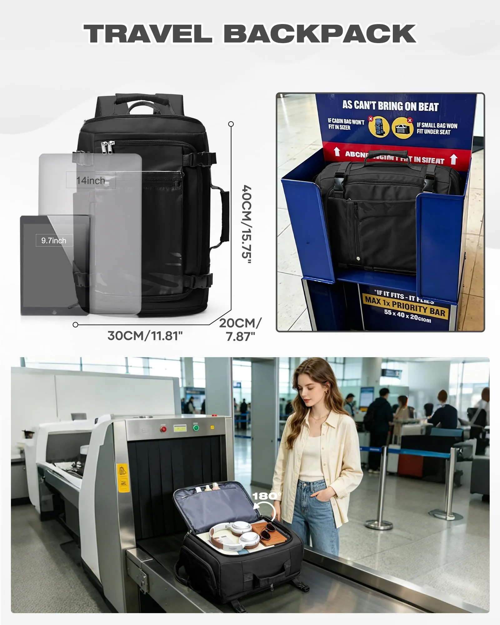 SZLX Zaino da Viaggio 40x30x20 Bagaglio a Mano Ryanair Wizzair Easyjet per Laptop 14 Pollici Impermeabile - immagine 5