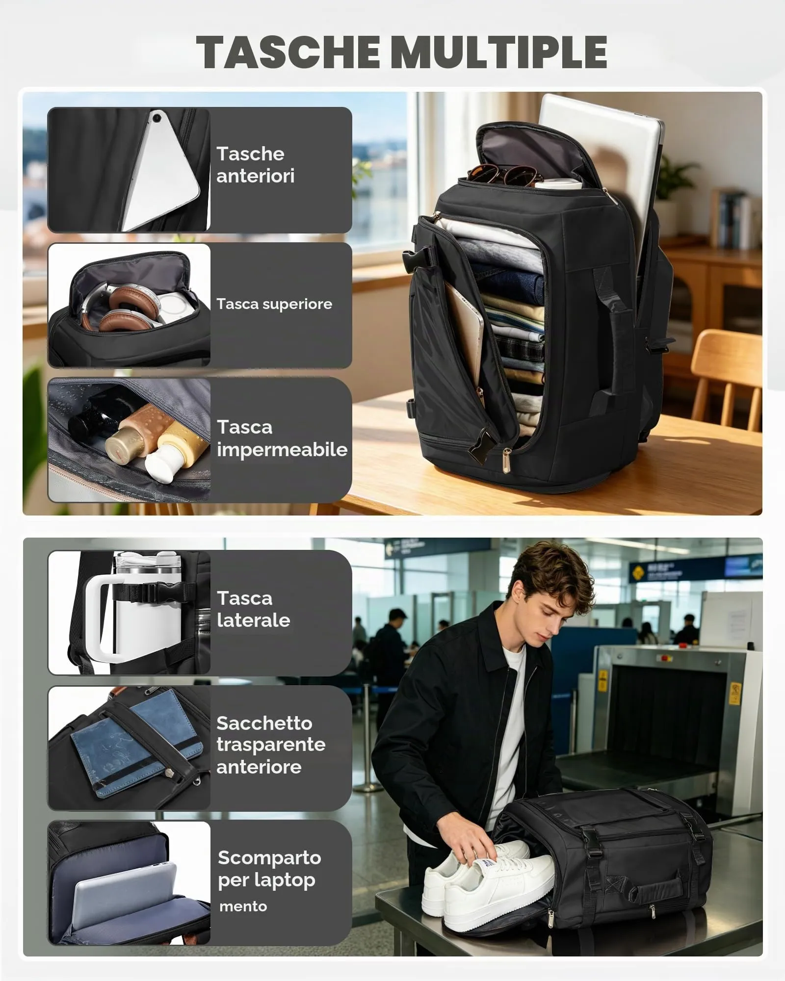 SZLX Zaino da Viaggio 40x30x20 Bagaglio a Mano Ryanair Wizzair Easyjet per Laptop 14 Pollici Impermeabile - immagine 6