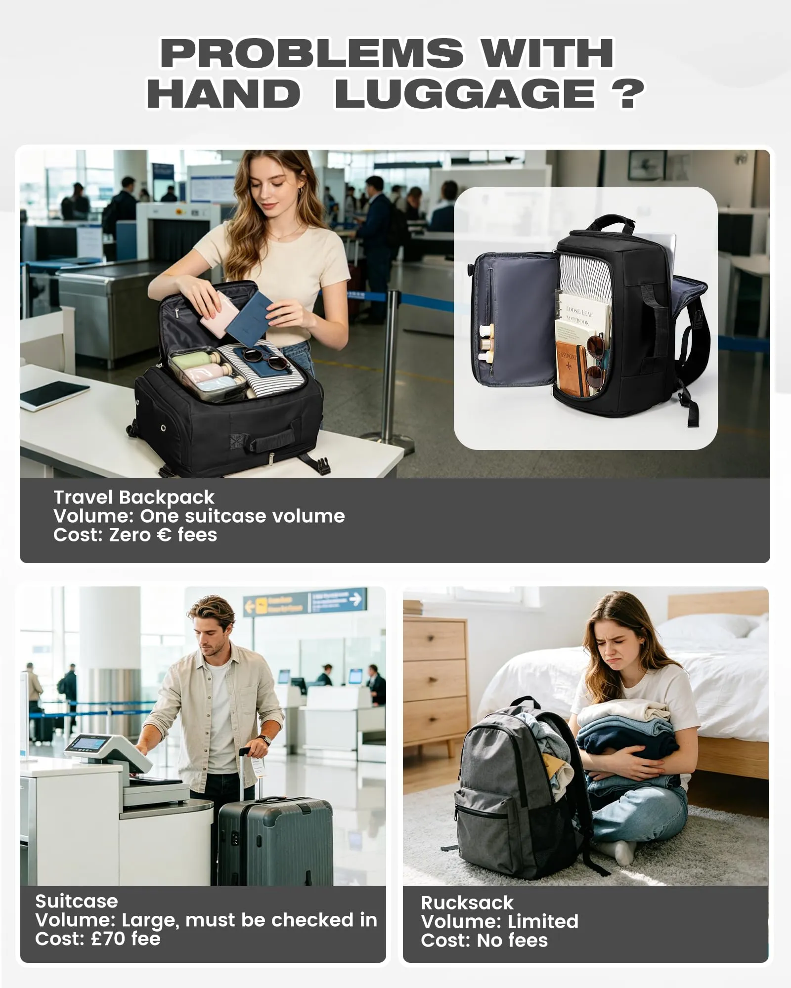 SZLX Zaino da Viaggio 40x30x20 Bagaglio a Mano Ryanair Wizzair Easyjet per Laptop 14 Pollici Impermeabile - immagine 7