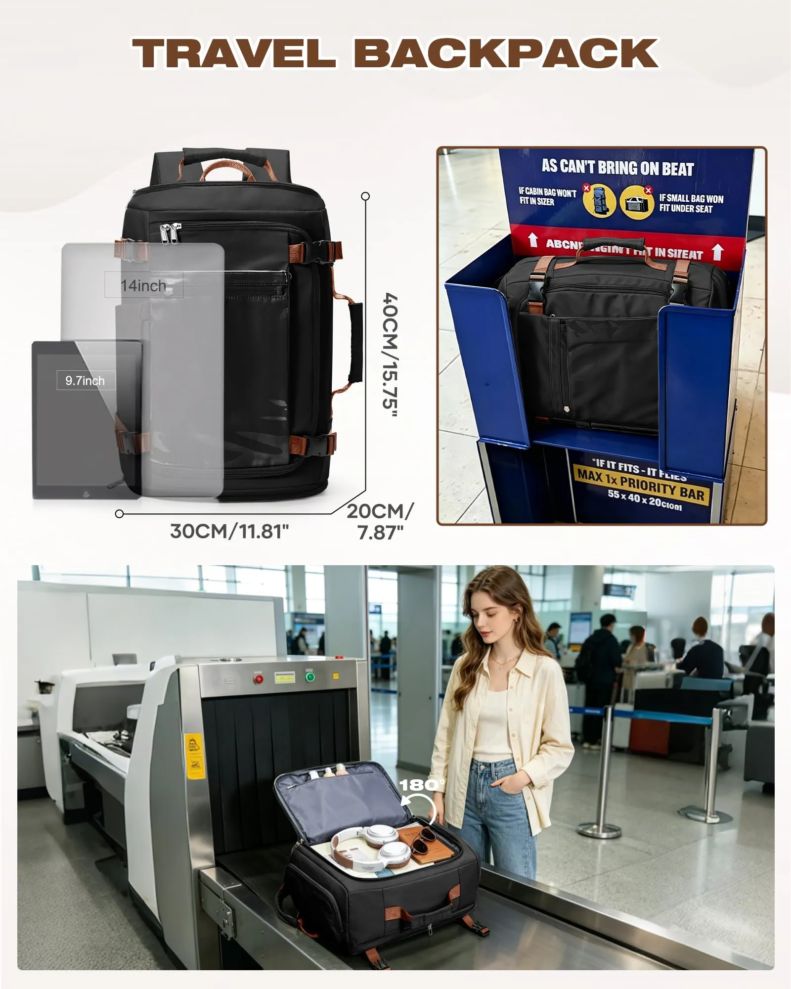SZLX Zaino da Viaggio 40x30x20 per Ryanair, Wizzair ed Easyjet, Impermeabile con Scomparto Laptop 14 Pollici - immagine 5