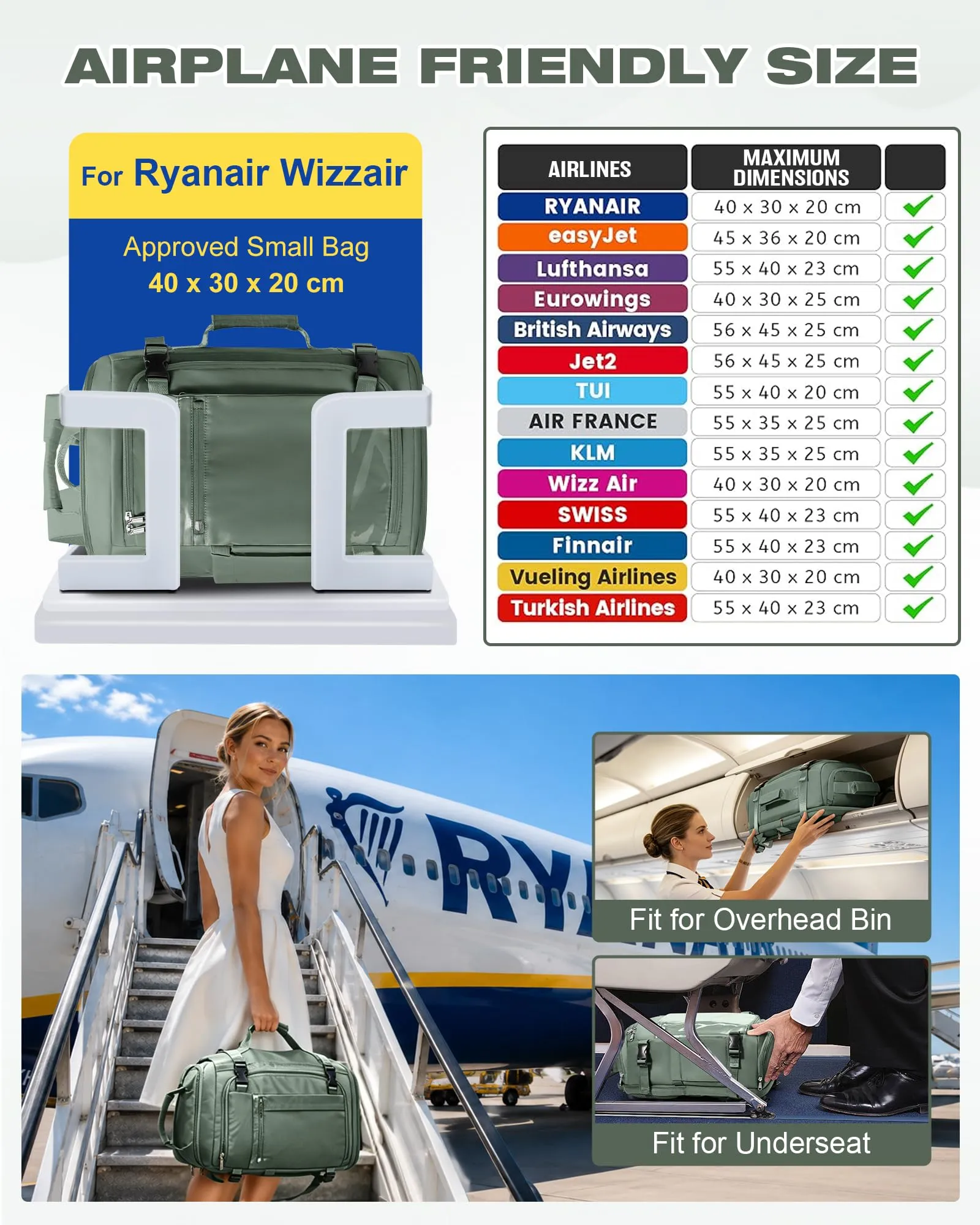SZLX Zaino da Viaggio 40x30x20 per Ryanair Wizzair Easyjet, Bagaglio a Mano Impermeabile con Scomparto Laptop 14 Pollici - immagine 4