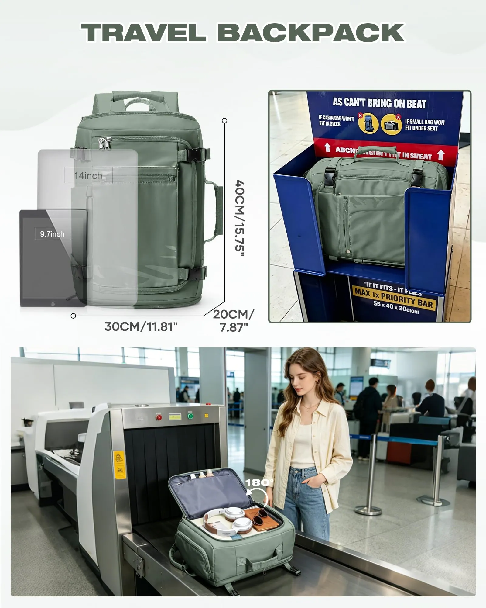 SZLX Zaino da Viaggio 40x30x20 per Ryanair Wizzair Easyjet, Bagaglio a Mano Impermeabile con Scomparto Laptop 14 Pollici - immagine 5