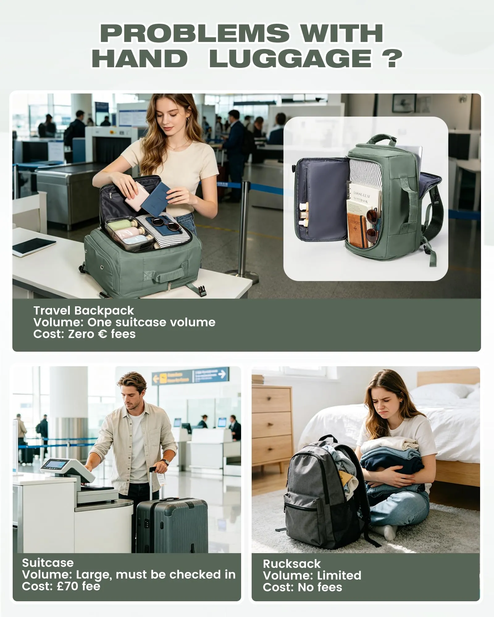 SZLX Zaino da Viaggio 40x30x20 per Ryanair Wizzair Easyjet, Bagaglio a Mano Impermeabile con Scomparto Laptop 14 Pollici - immagine 7