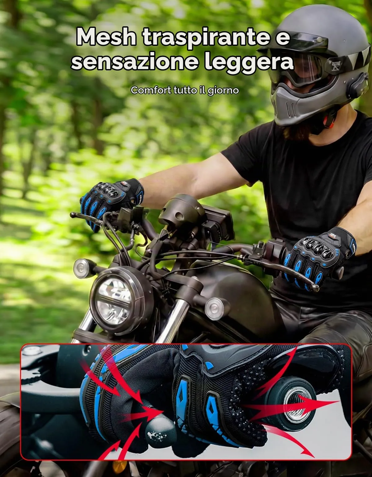 KEMIMOTO Guanti Moto Estivi Touchscreen con Protezioni Nocche, Blu, Taglia M - immagine 2