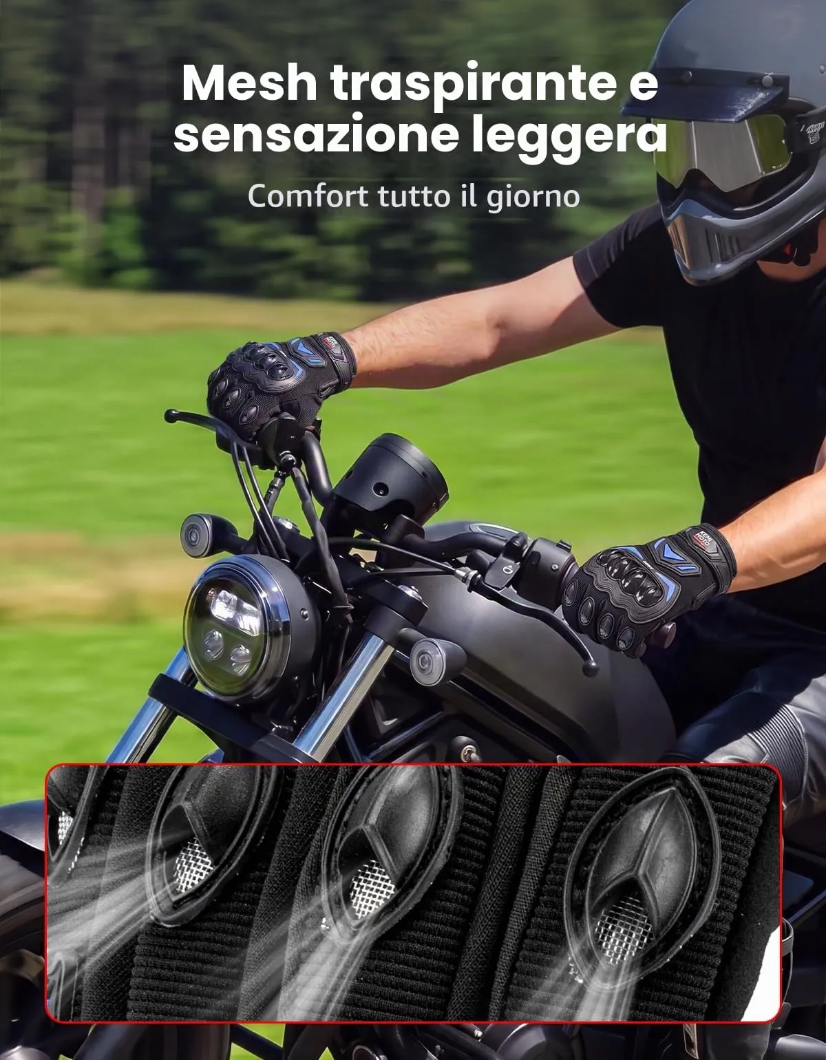 KEMIMOTO Guanti Moto Estivi Touchscreen con Paranocche Rigide, Blu, Taglia L - immagine 2