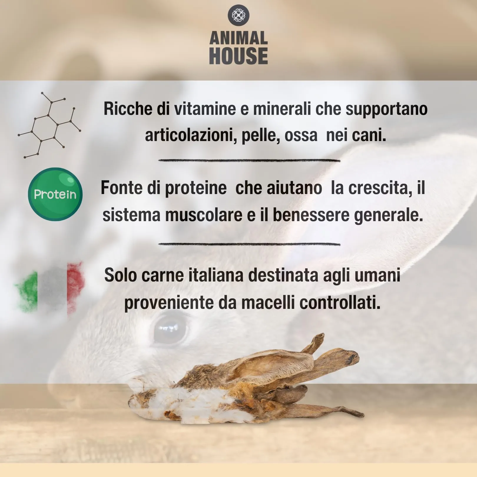 Animal House Snack Naturale per Cani, Orecchie di Coniglio con Pelo, 100 g - immagine 3