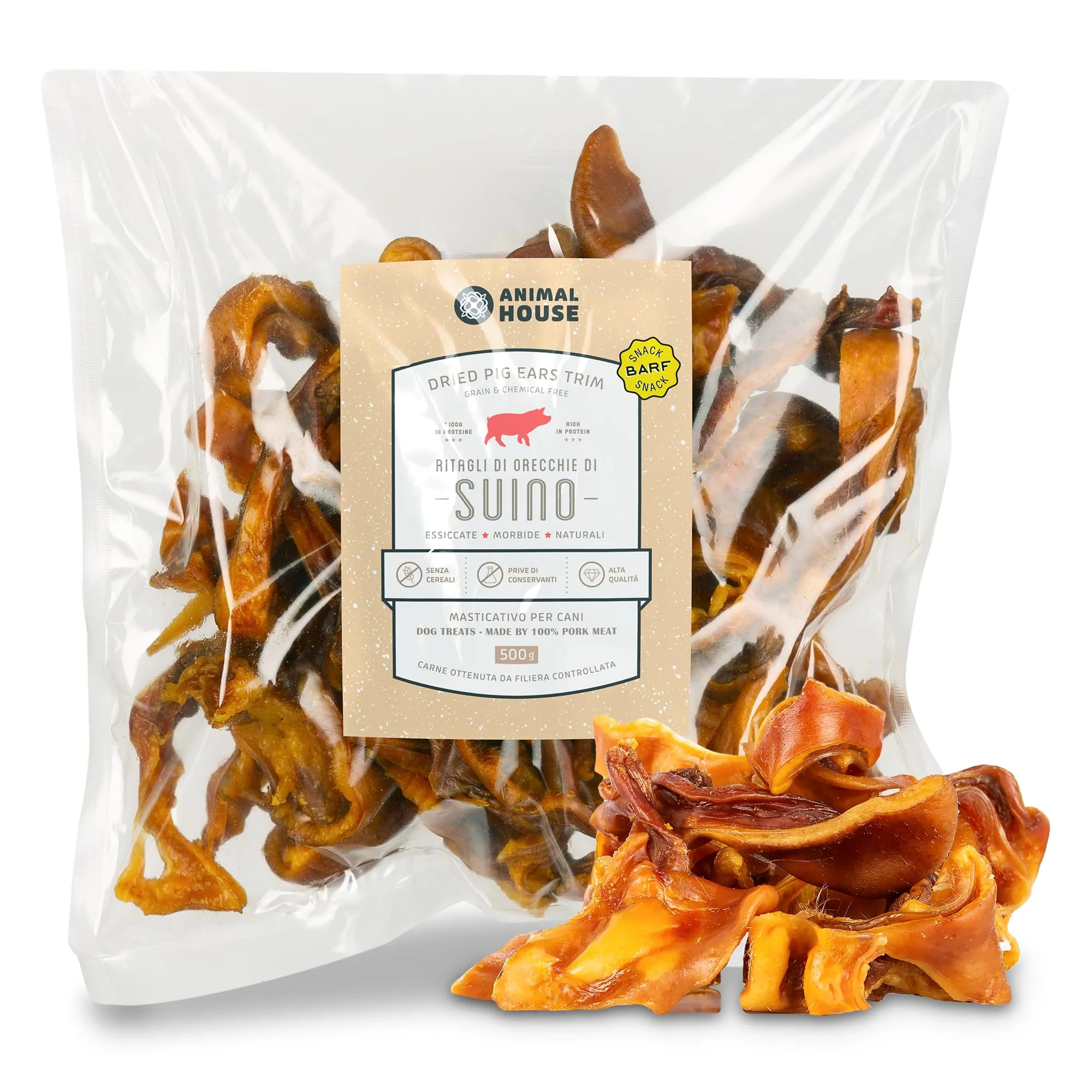 Animal House Snack Naturale per Cani BARF, Ritagli Orecchie Suine, 500 g - immagine 1