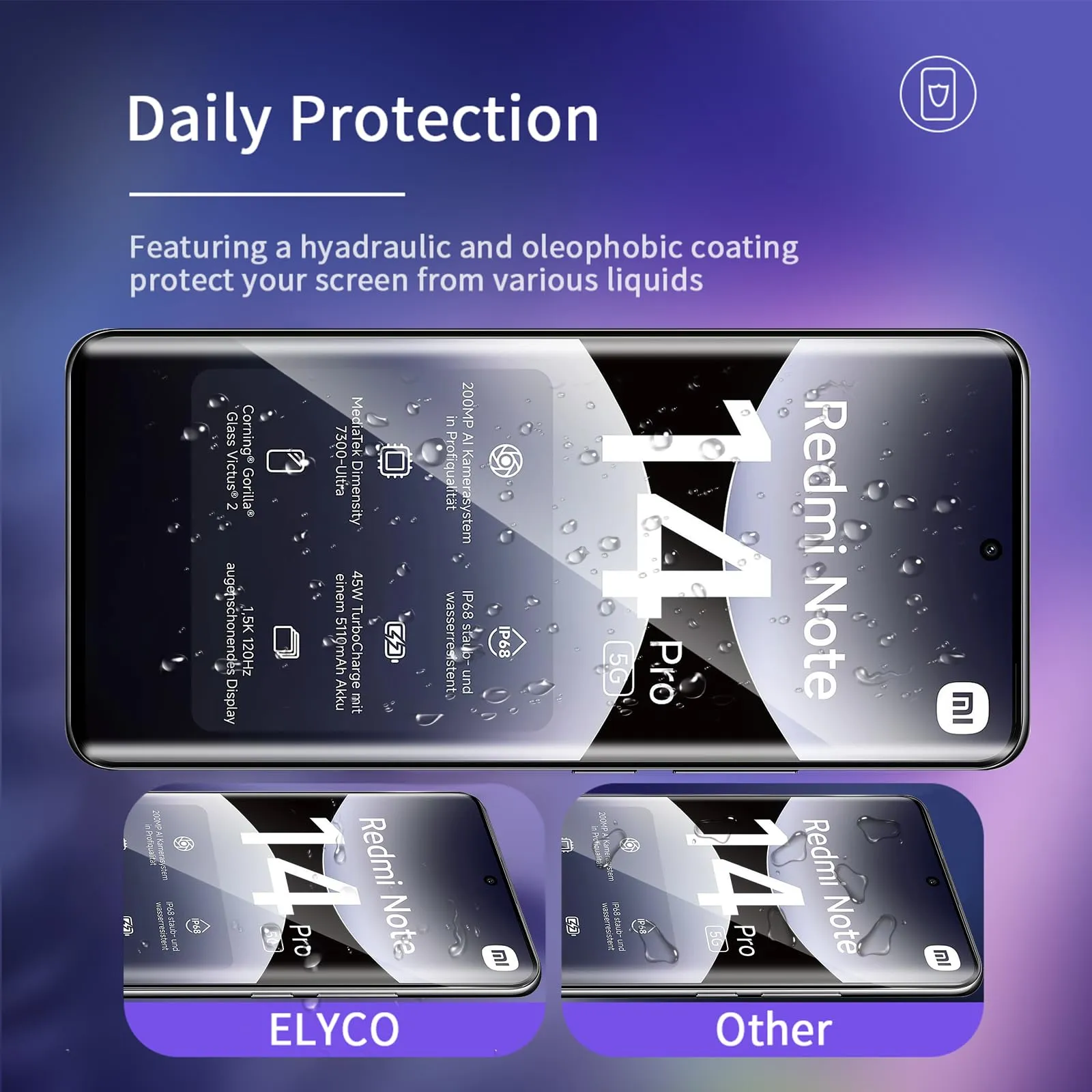 ELYCO Vetro Temperato per Xiaomi Redmi Note 14 Pro 5G / POCO X7 5G, 2+2 Pezzi - immagine 2