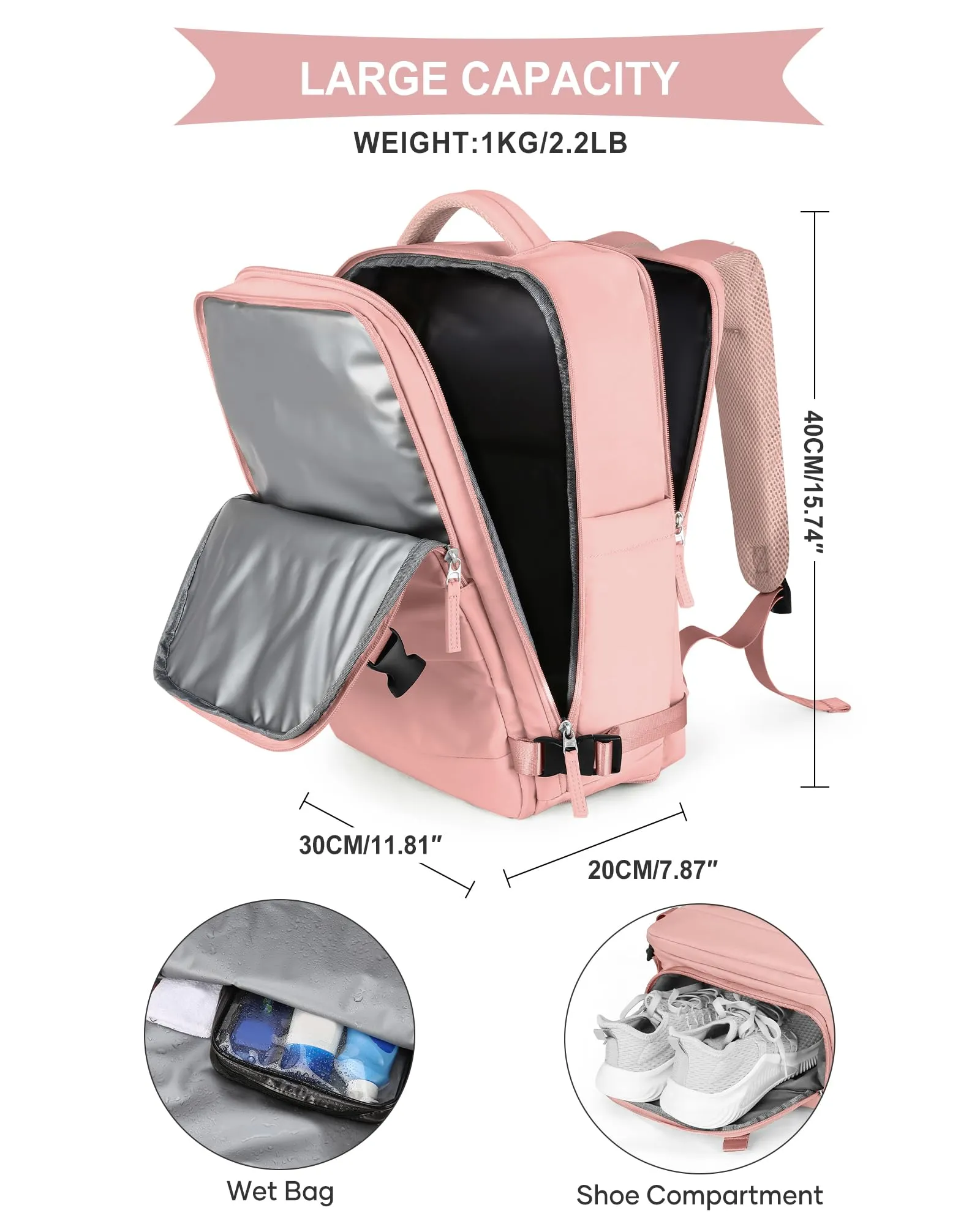 SZLX Zaino da Viaggio 40x30x20 per Ryanair e Wizzair, Impermeabile con Scomparto per Scarpe e Laptop 14 Pollici - immagine 4