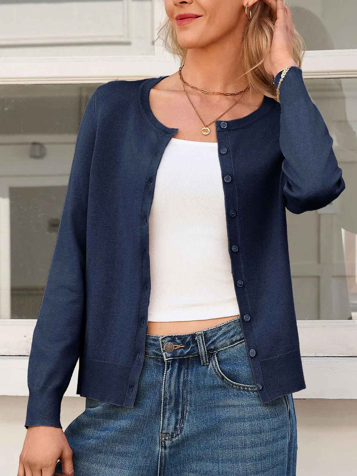 Saodimallsu Cardigan Leggero da Donna a Maniche Lunghe con Bottoni, Blu Scuro, S - immagine 3