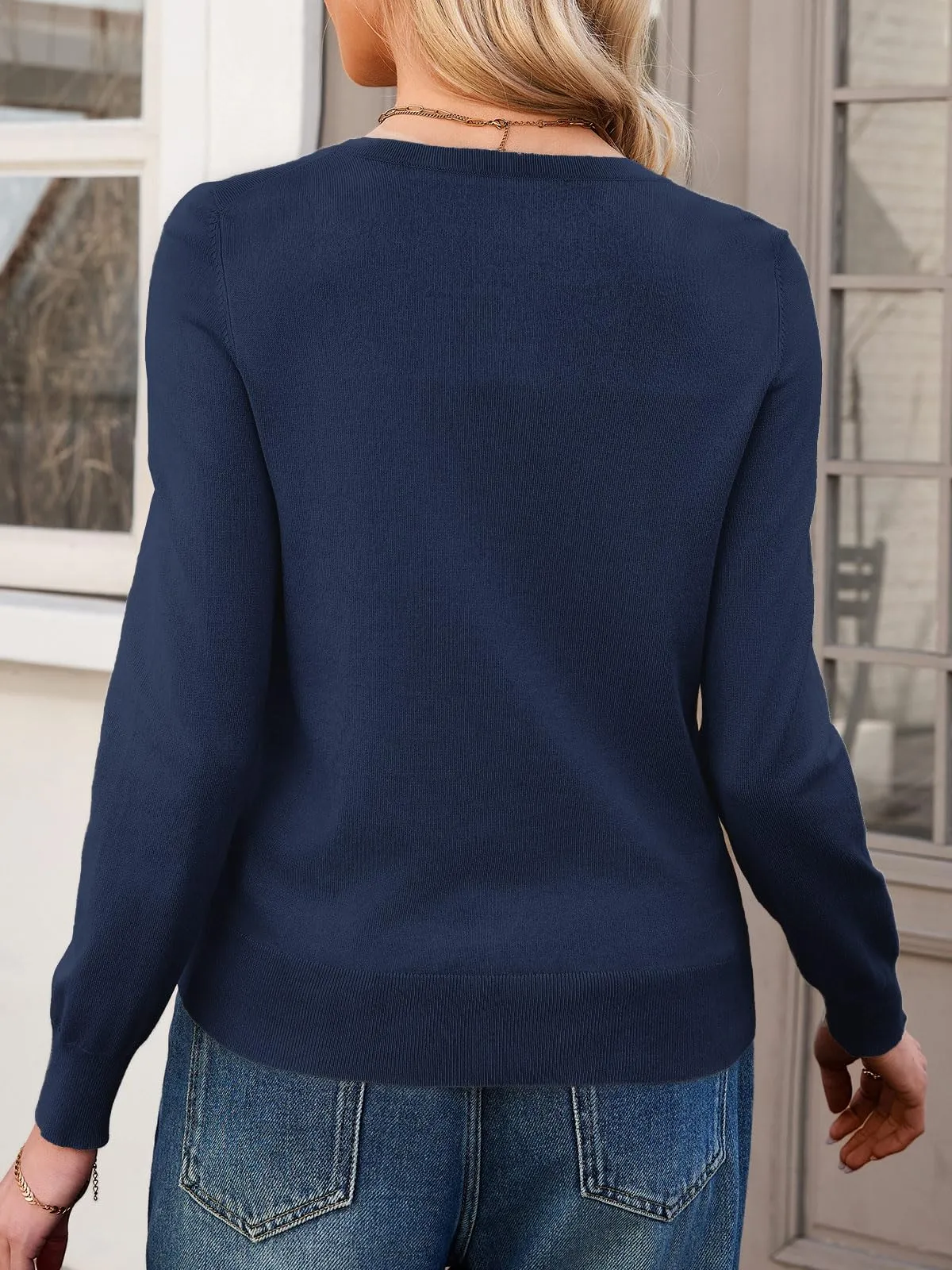 Saodimallsu Cardigan Leggero da Donna a Maniche Lunghe con Bottoni, Blu Scuro, S - immagine 5