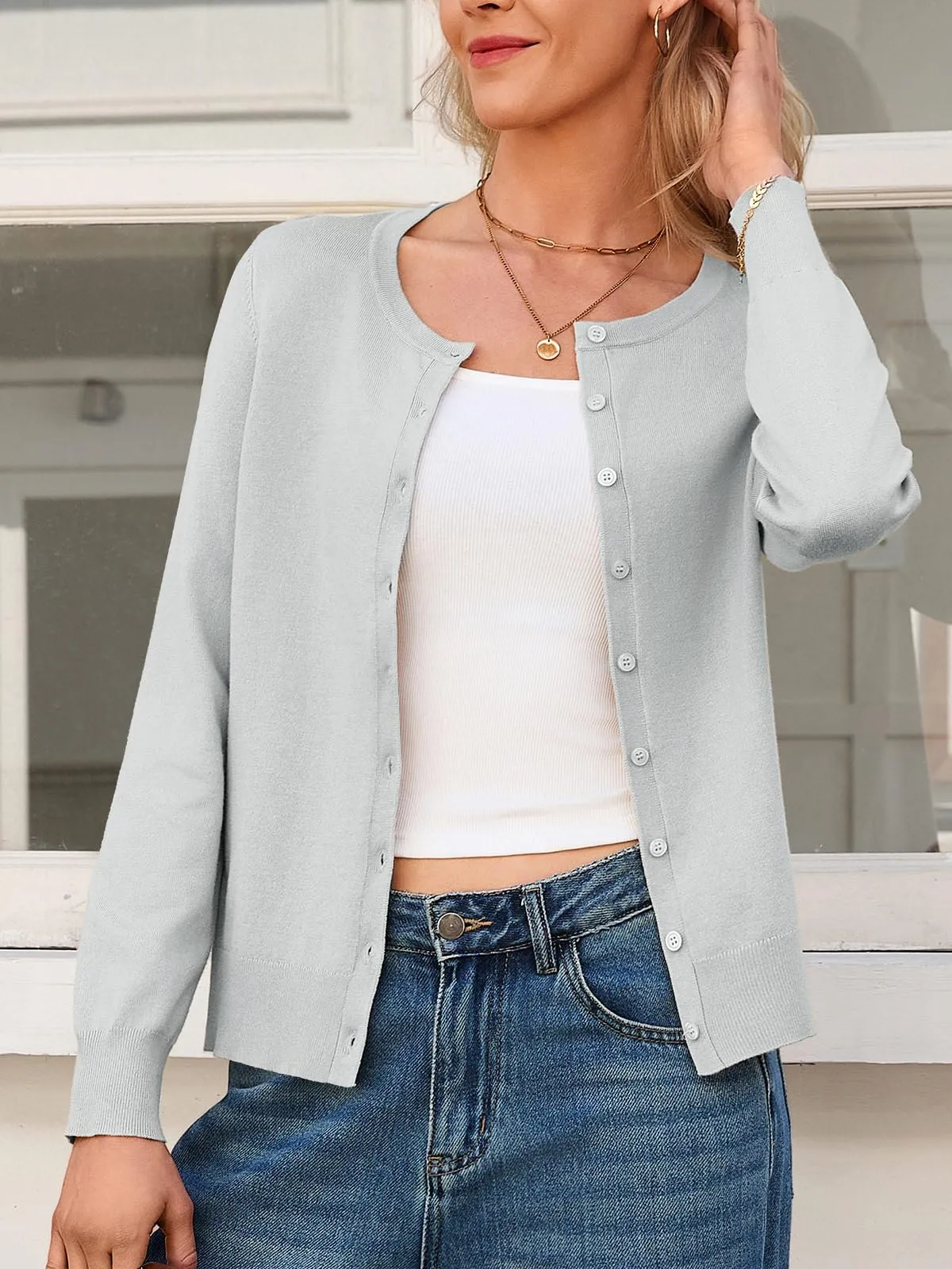 Saodimallsu Cardigan Leggero da Donna a Maniche Lunghe con Bottoni, Grigio, XXL - immagine 3