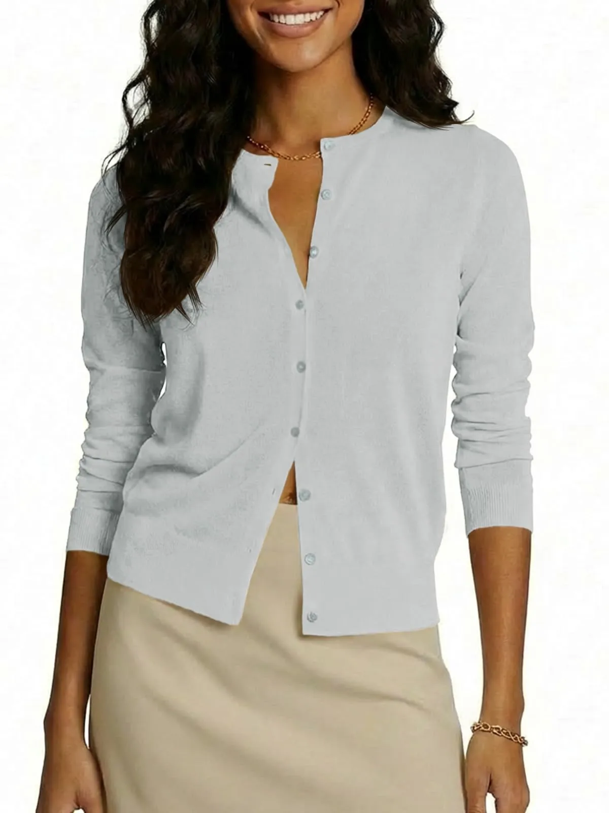 Saodimallsu Cardigan Leggero da Donna a Maniche Lunghe con Bottoni, Grigio, M - immagine 1