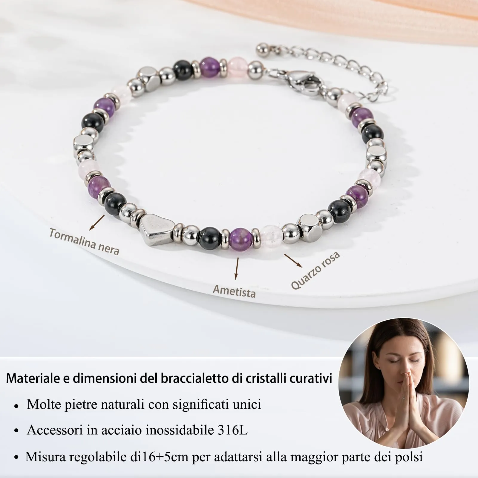 Aretas Bracciale in Quarzo Rosa, Ametista e Tormalina Nera per Donna - immagine 4