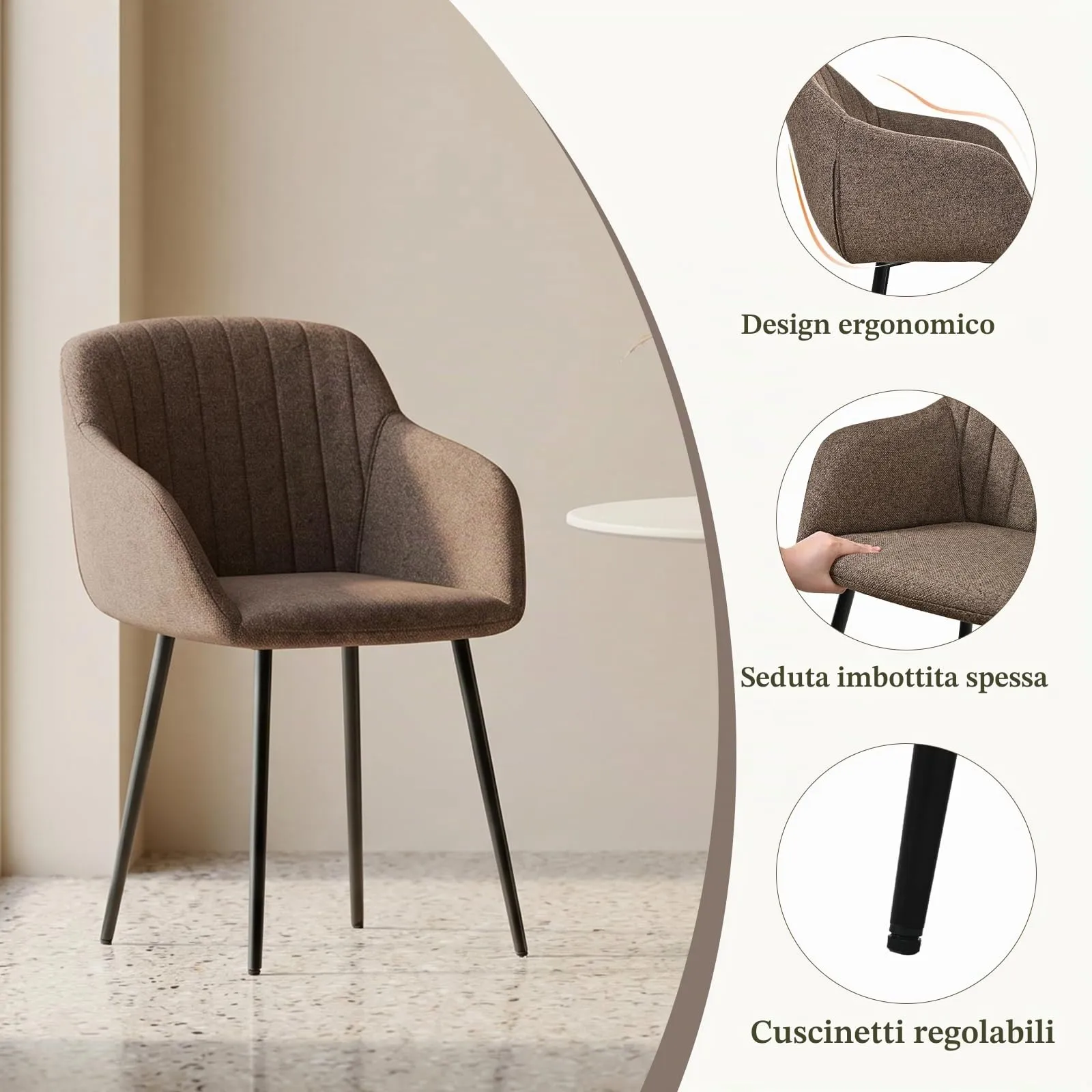 Goeurvant Set di 2 Sedie da Pranzo con Braccioli, Poltroncina Imbottita in Lino, Gambe in Metallo, Marrone Moka - immagine 6