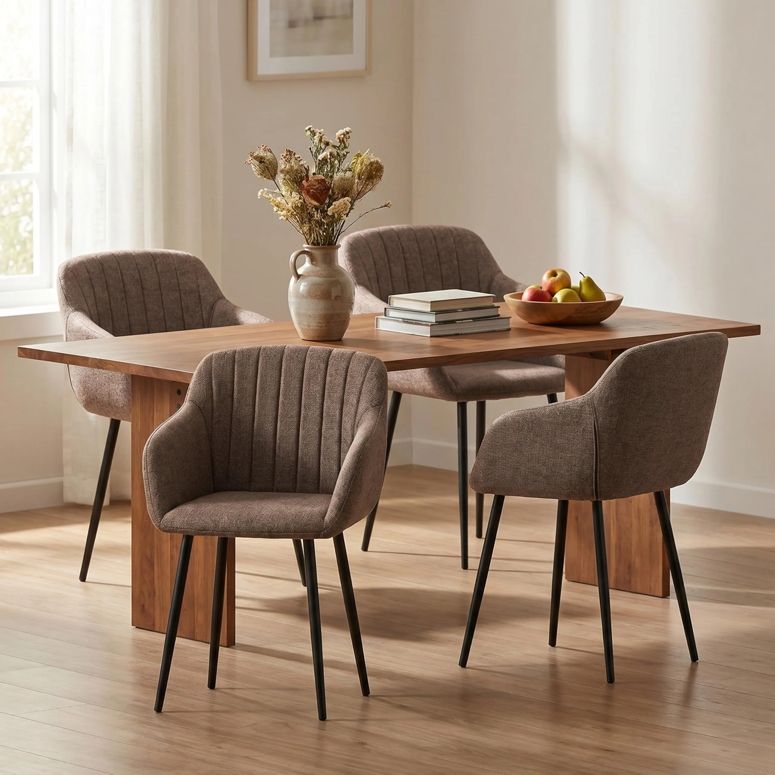 Goeurvant Set di 4 Sedie da Pranzo con Braccioli, Poltroncina Imbottita in Lino con Gambe in Metallo, Marrone Moka - immagine 2