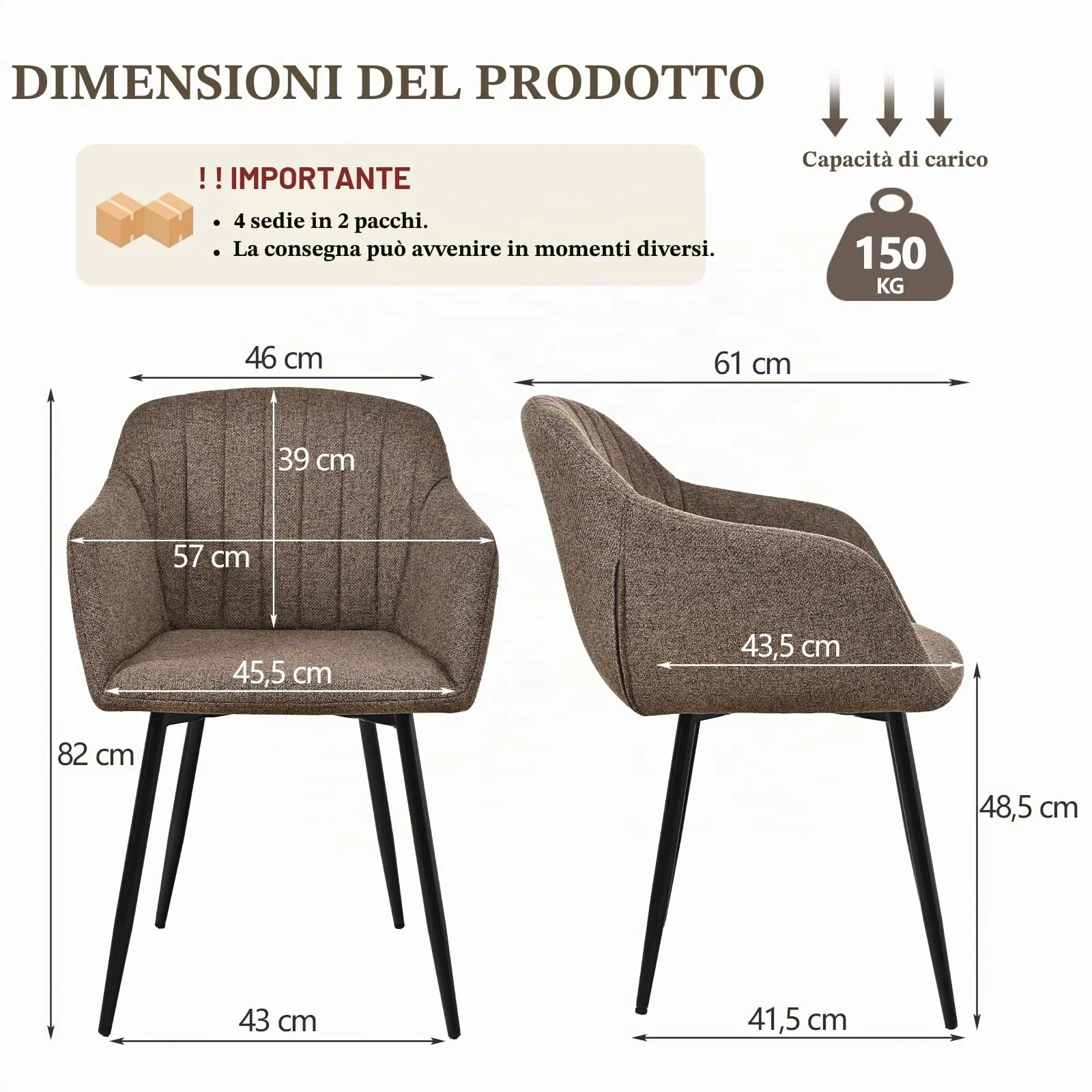 Goeurvant Set di 4 Sedie da Pranzo con Braccioli, Poltroncina Imbottita in Lino con Gambe in Metallo, Marrone Moka - immagine 6