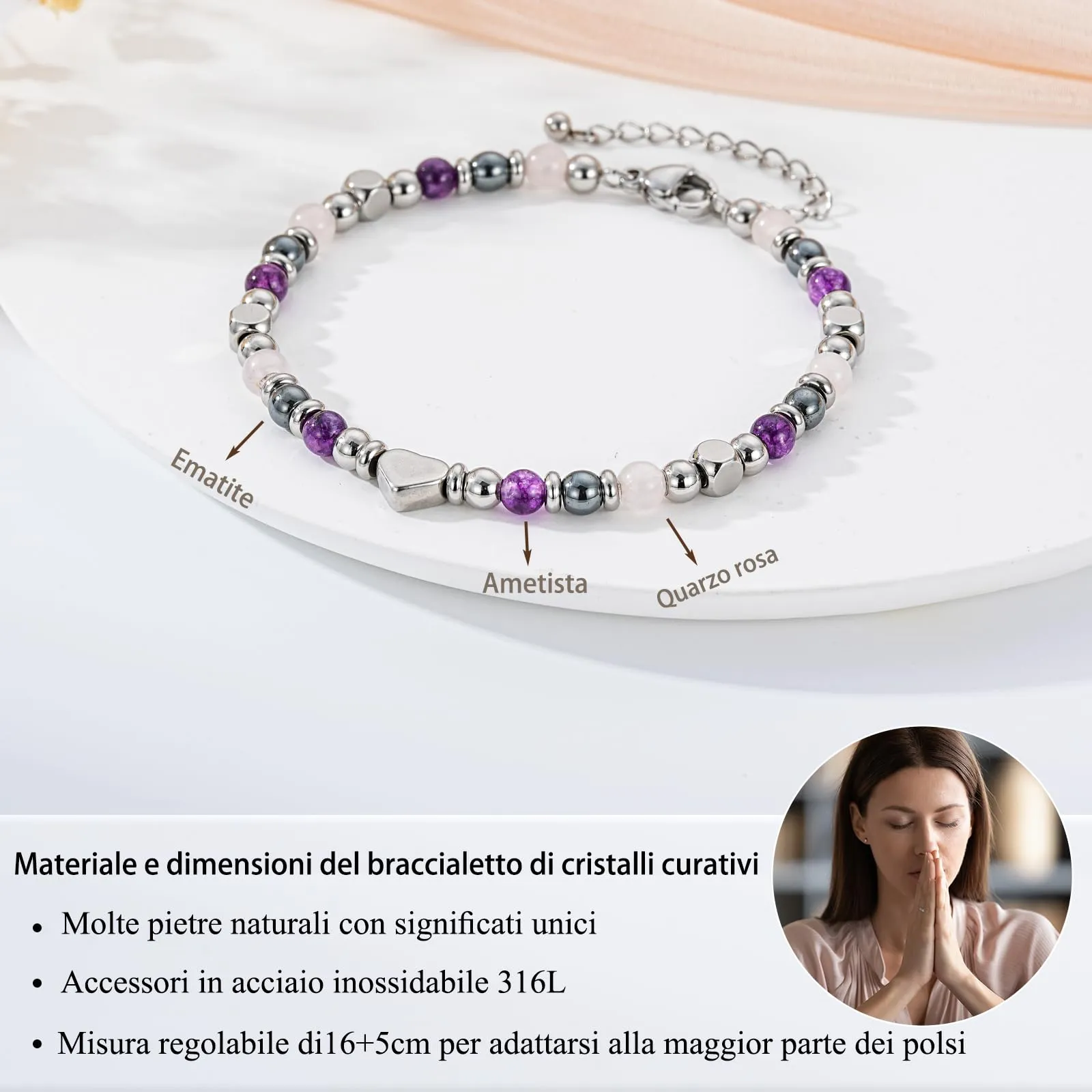 Aretas Bracciale in Ametista, Ematite e Quarzo Rosa per Donna - immagine 4