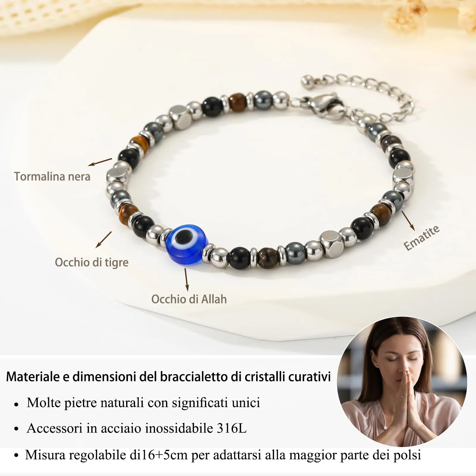 Aretas Bracciale Occhio di Allah in Ematite, Occhio di Tigre e Tormalina Nera per Donna - immagine 4