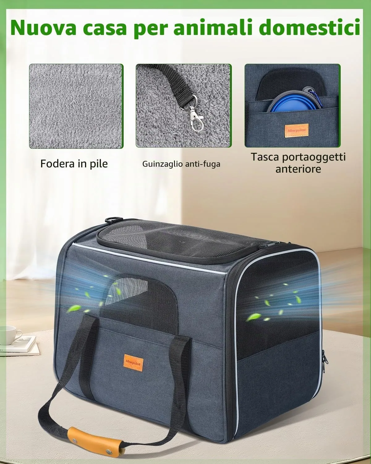 Morpilot Trasportino per gatti e cani fino a 9 kg, pieghevole, 47 x 31 x 36 cm, grigio scuro (L) - immagine 5