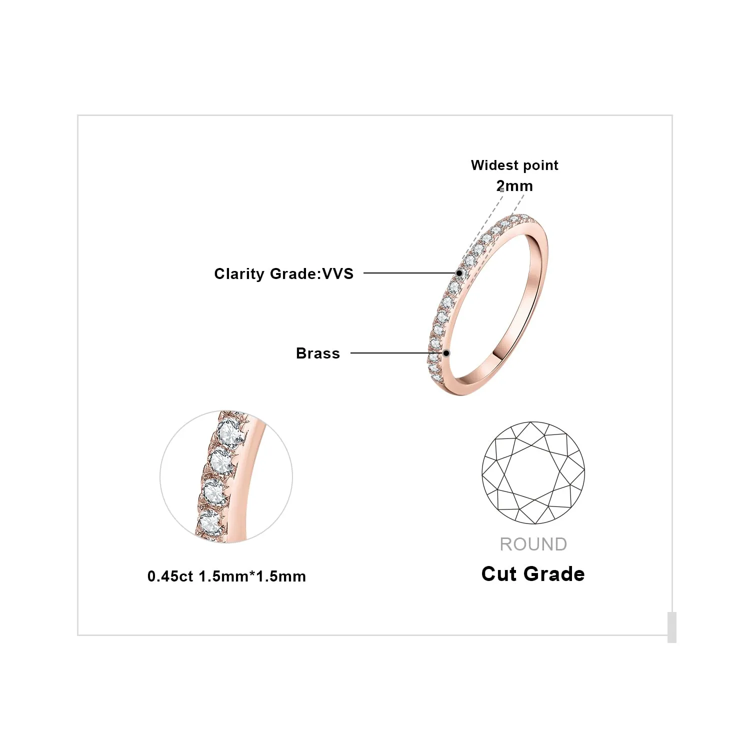 JewelryPalace Anello Half Eternity Donna Placcato Oro Rosa 14K con Zirconia Cubica, Taglio Rotondo, Misura 14.5 - immagine 2