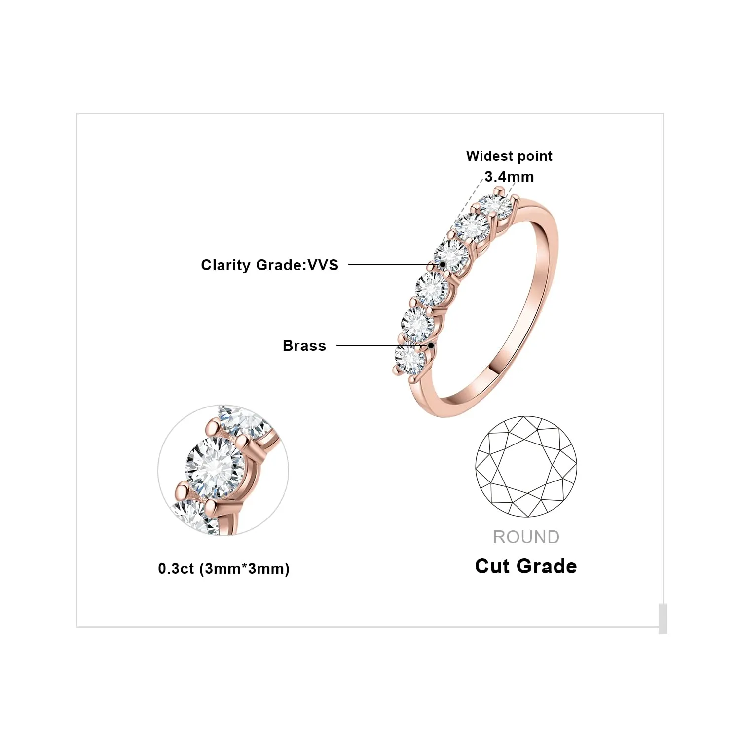 JewelryPalace Anello Half Eternity Donna 0.6ct placcato oro rosa 14K con Cubica Zirconia e 6 Pietre a Taglio Rotondo - immagine 2