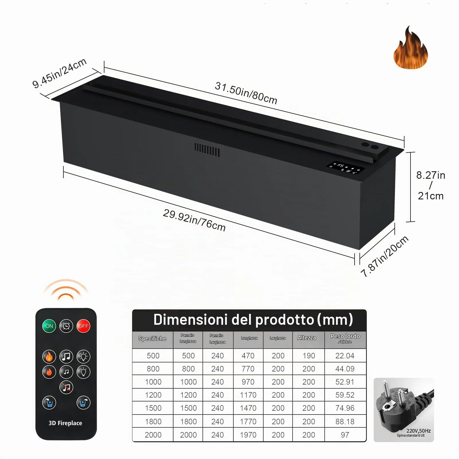 Mexhom Camino Elettrico a Vapore Acqueo 3D 80cm BL-80-DANS - immagine 2