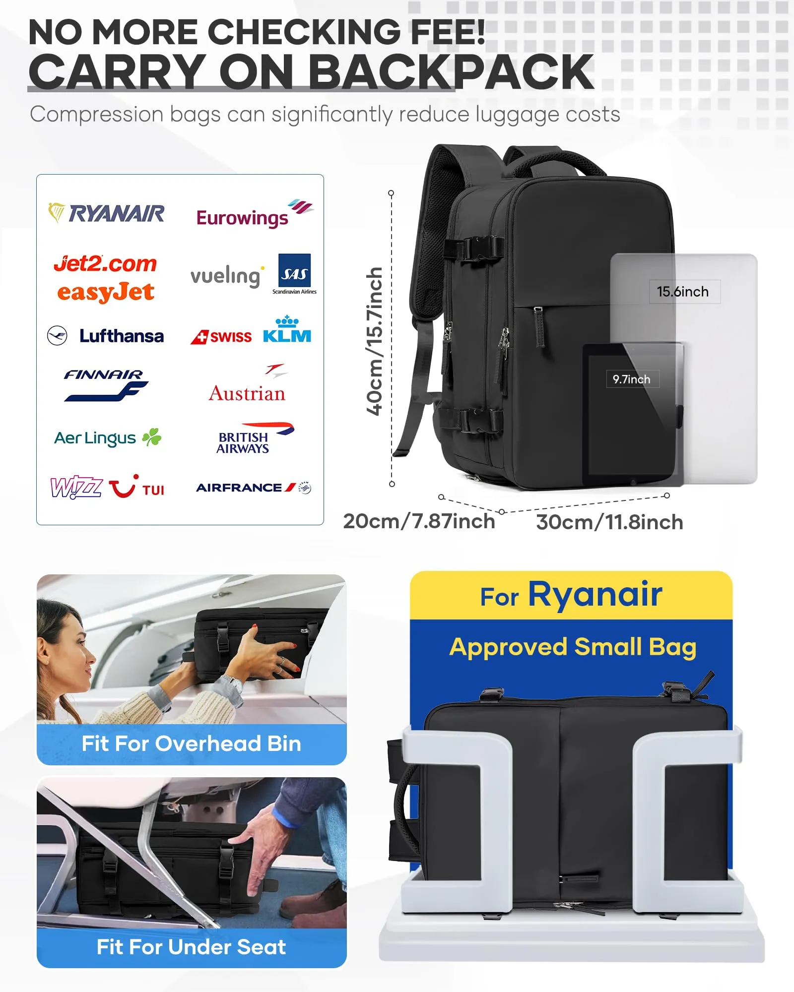 BJLFS Zaino da Viaggio Ryanair 40x30x20 Sottovuoto con Pompa - immagine 3