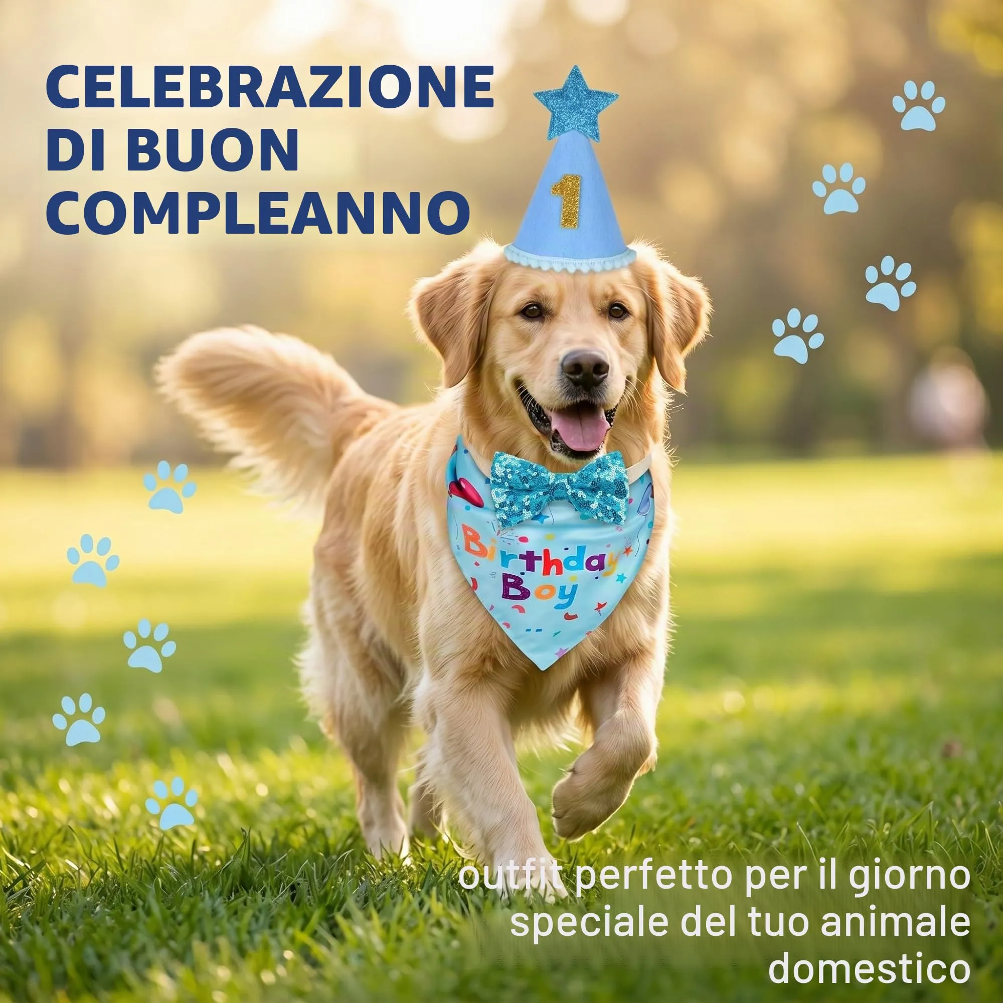 OIXEYA Set Compleanno per Cani, Bandana e Cappello, Blu, Taglia L - immagine 2