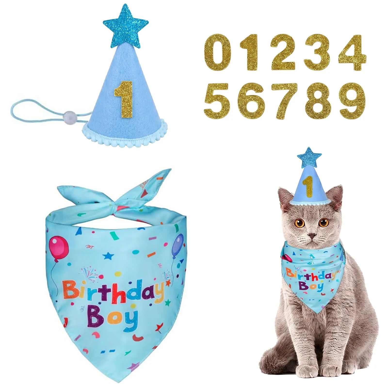 OIXEYA Bandana Compleanno Blu per Cani e Gatti, Sciarpa Regolabile per Animali Domestici Taglia M - immagine 1