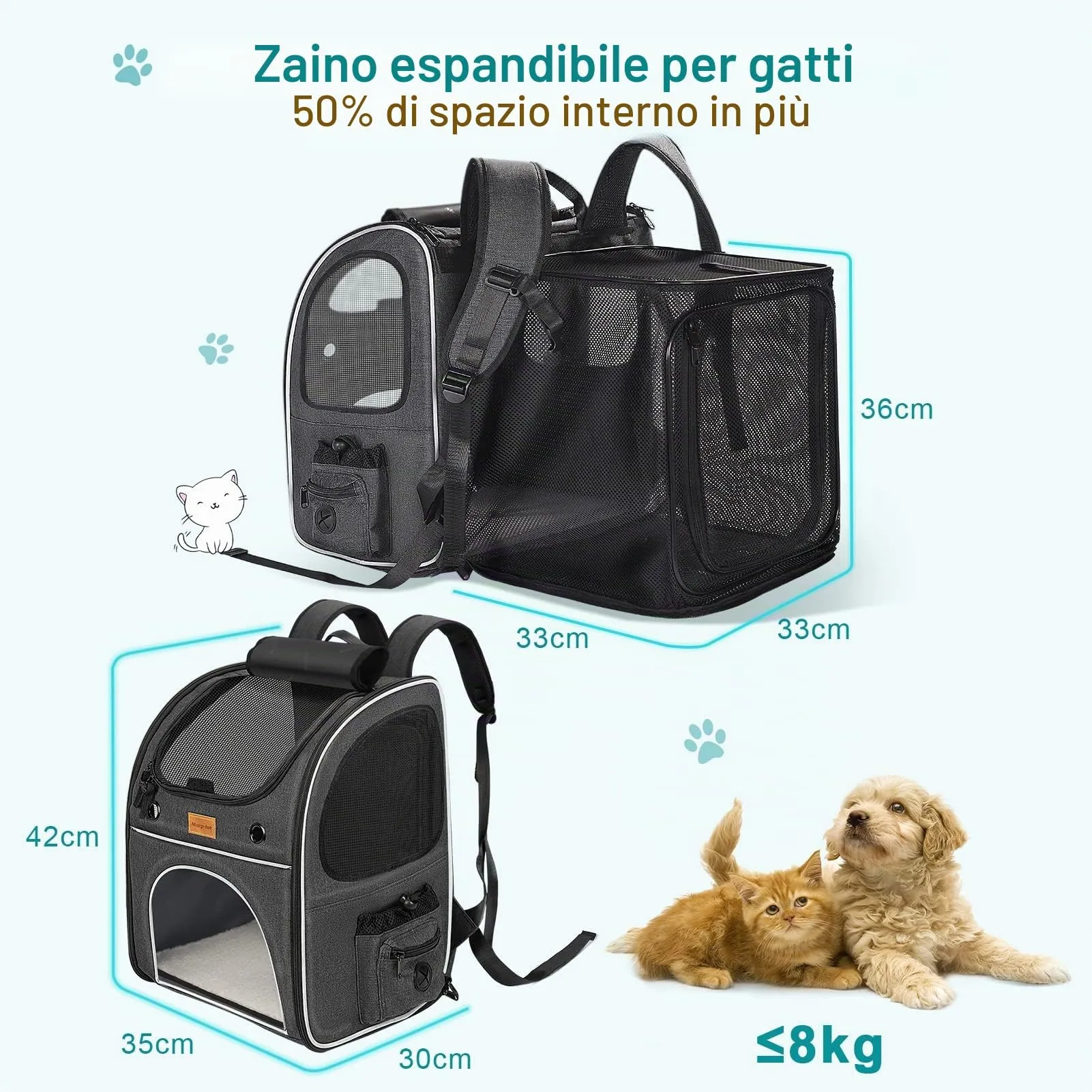 Morpilot Zaino per Gatti e Cani Estensibile, Trasportino fino a 8 kg, Grigio Scuro - immagine 2