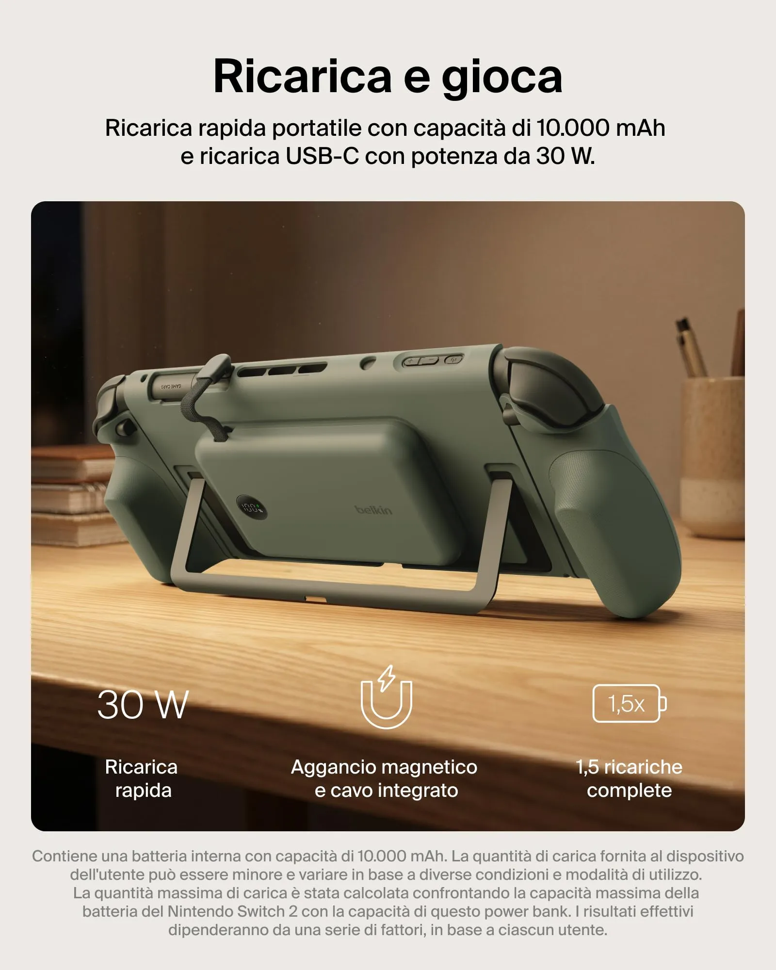 Belkin Gaming Grip and 10K Power Bank for Nintendo Switch 2, Green - immagine 4