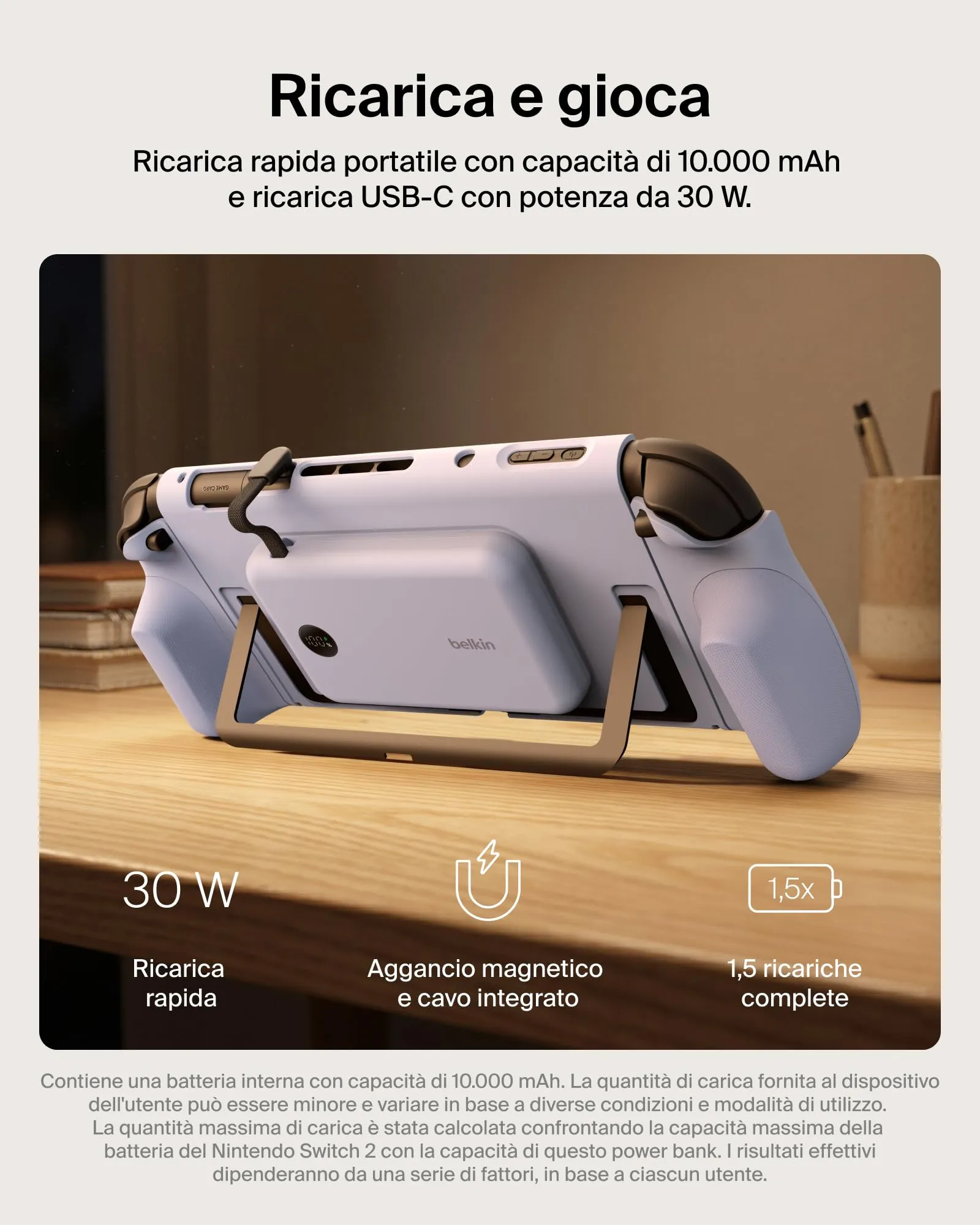 Belkin Gaming Grip e Power Bank 10K per Nintendo Switch 2, Viola - immagine 4