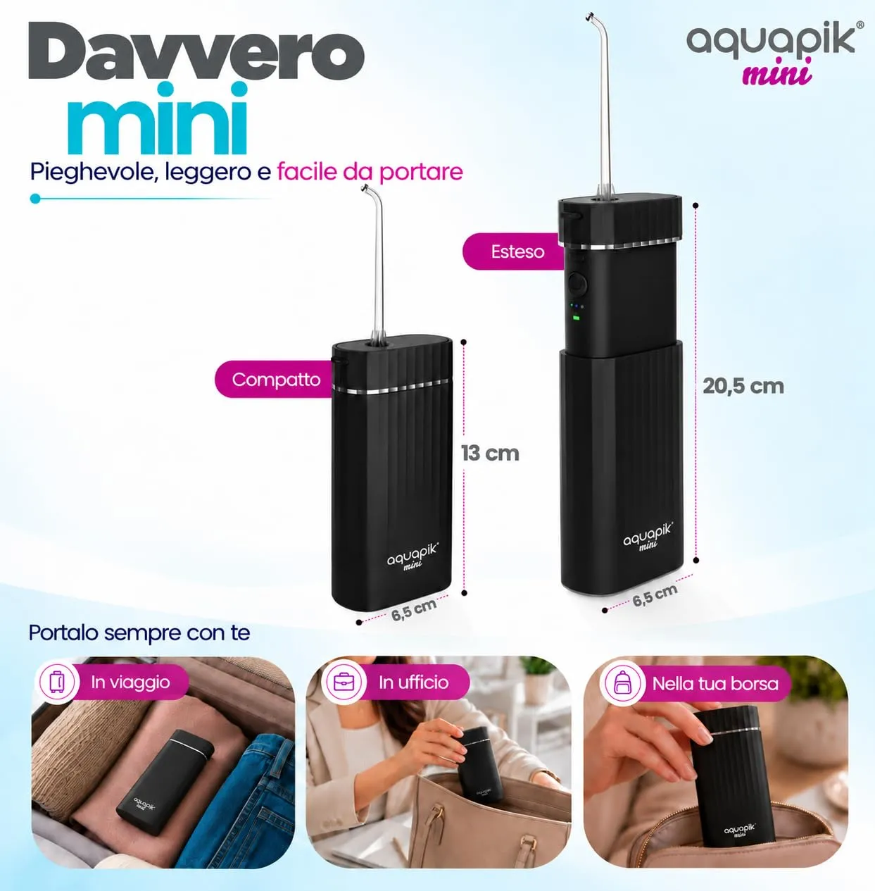 Boston Tech Aquapik Mini Idropulsore Dentale Portatile, Irrigatore Orale Senza Fili, Serbatoio Retrattile 140 ml, Ricaricabile USB-C, 3 Livelli di Intensità - immagine 3