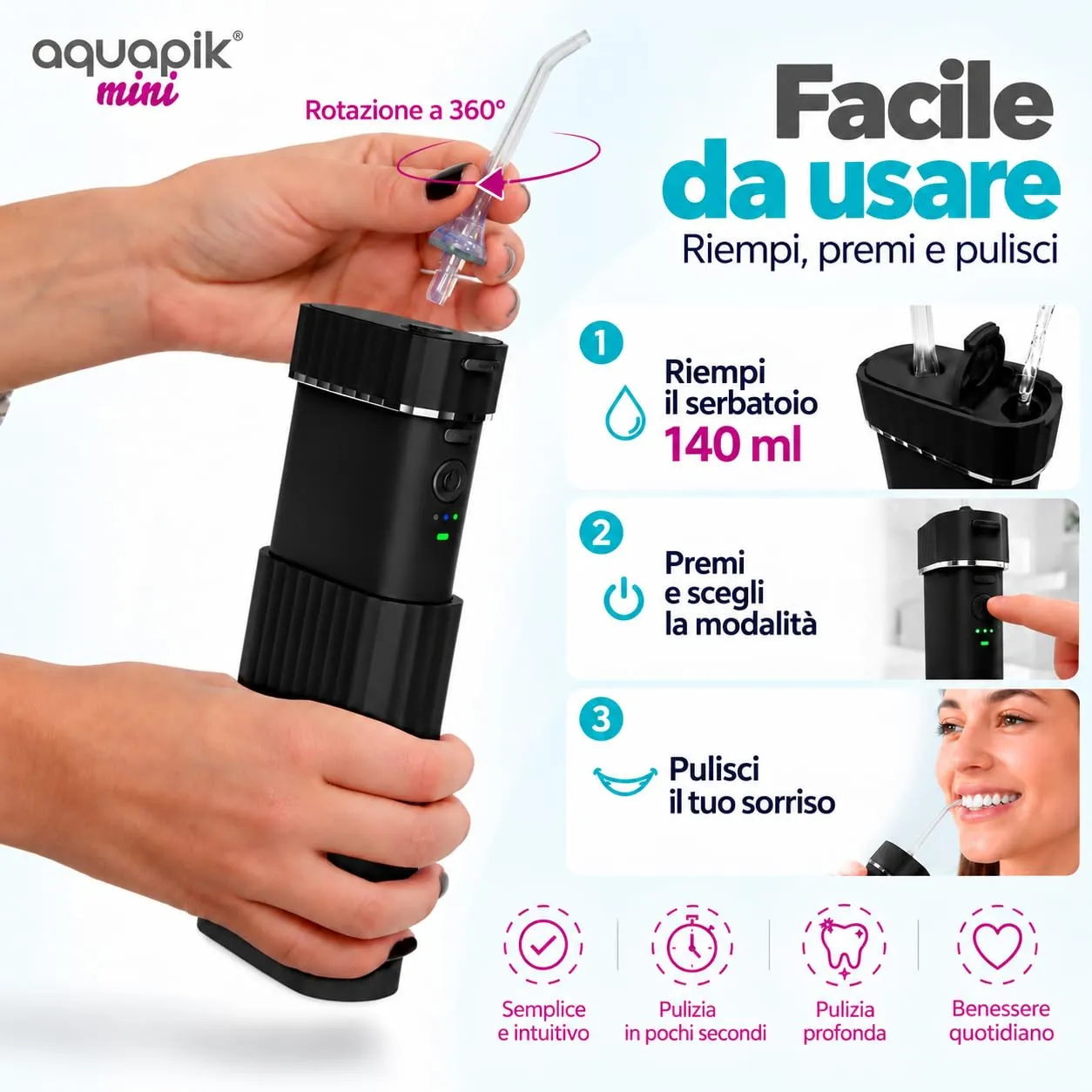 Boston Tech Aquapik Mini Idropulsore Dentale Portatile, Irrigatore Orale Senza Fili, Serbatoio Retrattile 140 ml, Ricaricabile USB-C, 3 Livelli di Intensità - immagine 5
