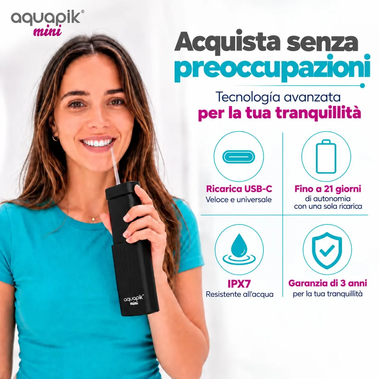 Boston Tech Aquapik Mini Idropulsore Dentale Portatile, Irrigatore Orale Senza Fili, Serbatoio Retrattile 140 ml, Ricaricabile USB-C, 3 Livelli di Intensità - immagine 7