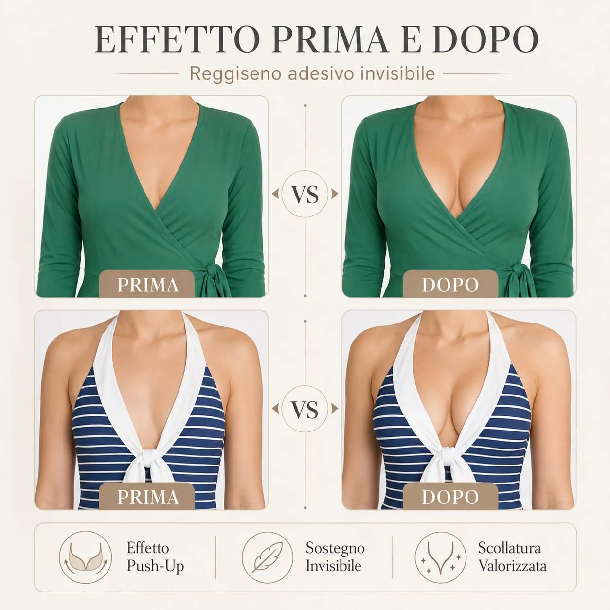 QM Reggiseno Adesivo Push Up Invisibile Senza Spalline con Chiusura Frontale, 2 Paia, Coppa B, Nero e Pelle - immagine 6