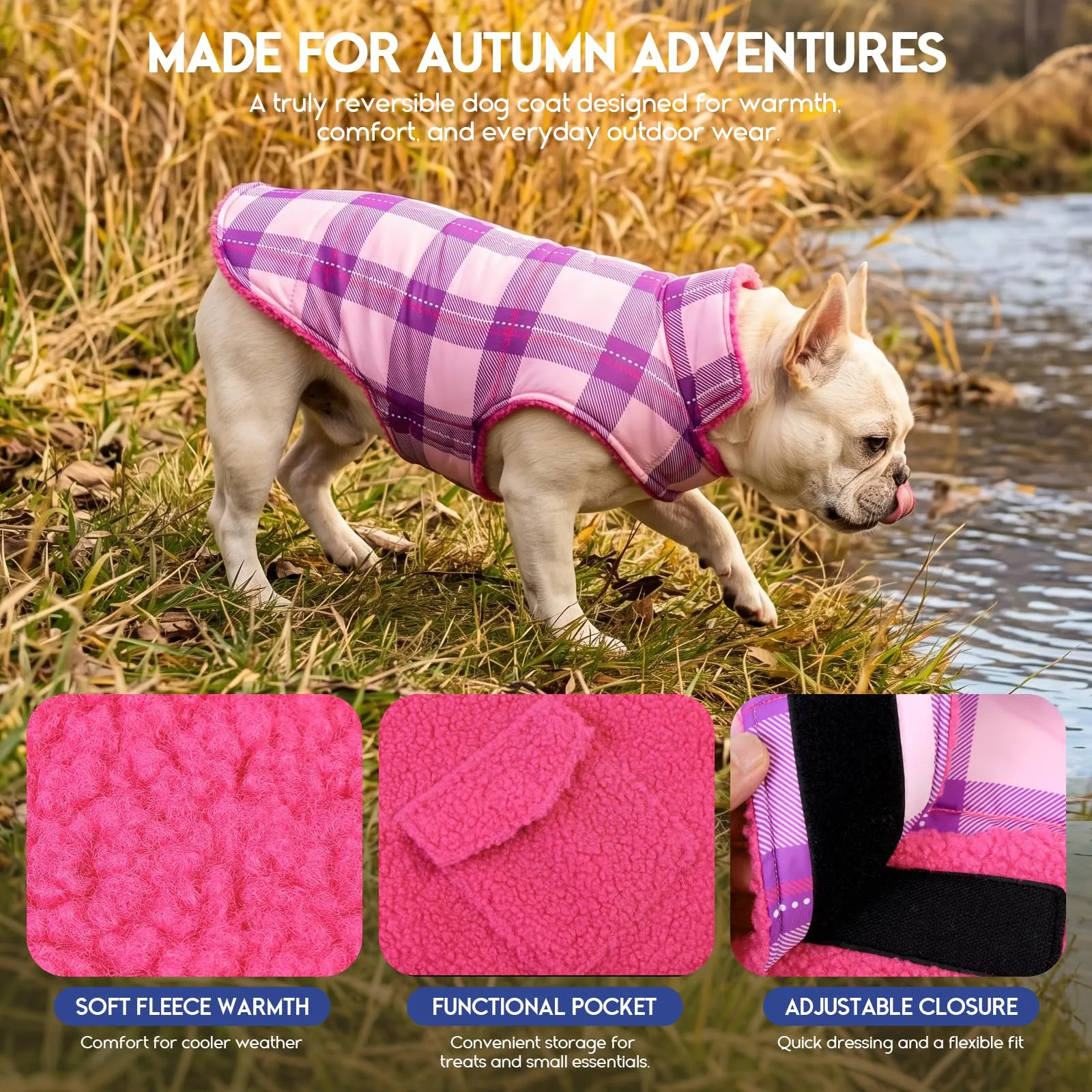 ASENKU Cappotto Cane Invernale Impermeabile Reversibile Tartan e Pile, Taglia S, Fucsia - immagine 2