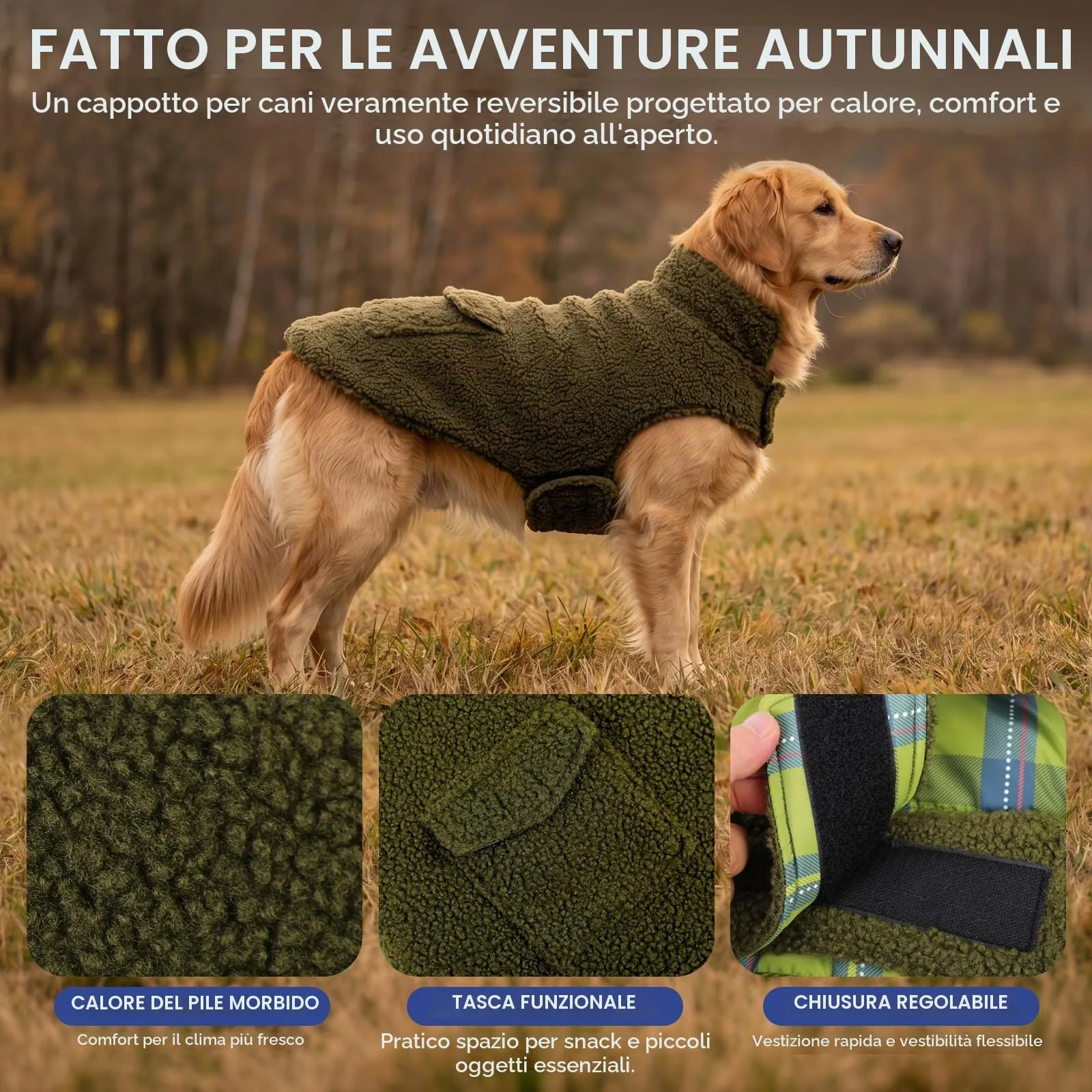 ASENKU Cappotto Cane Invernale Impermeabile Reversibile, Tartan e Pile, Taglia M, Verde Militare - immagine 2