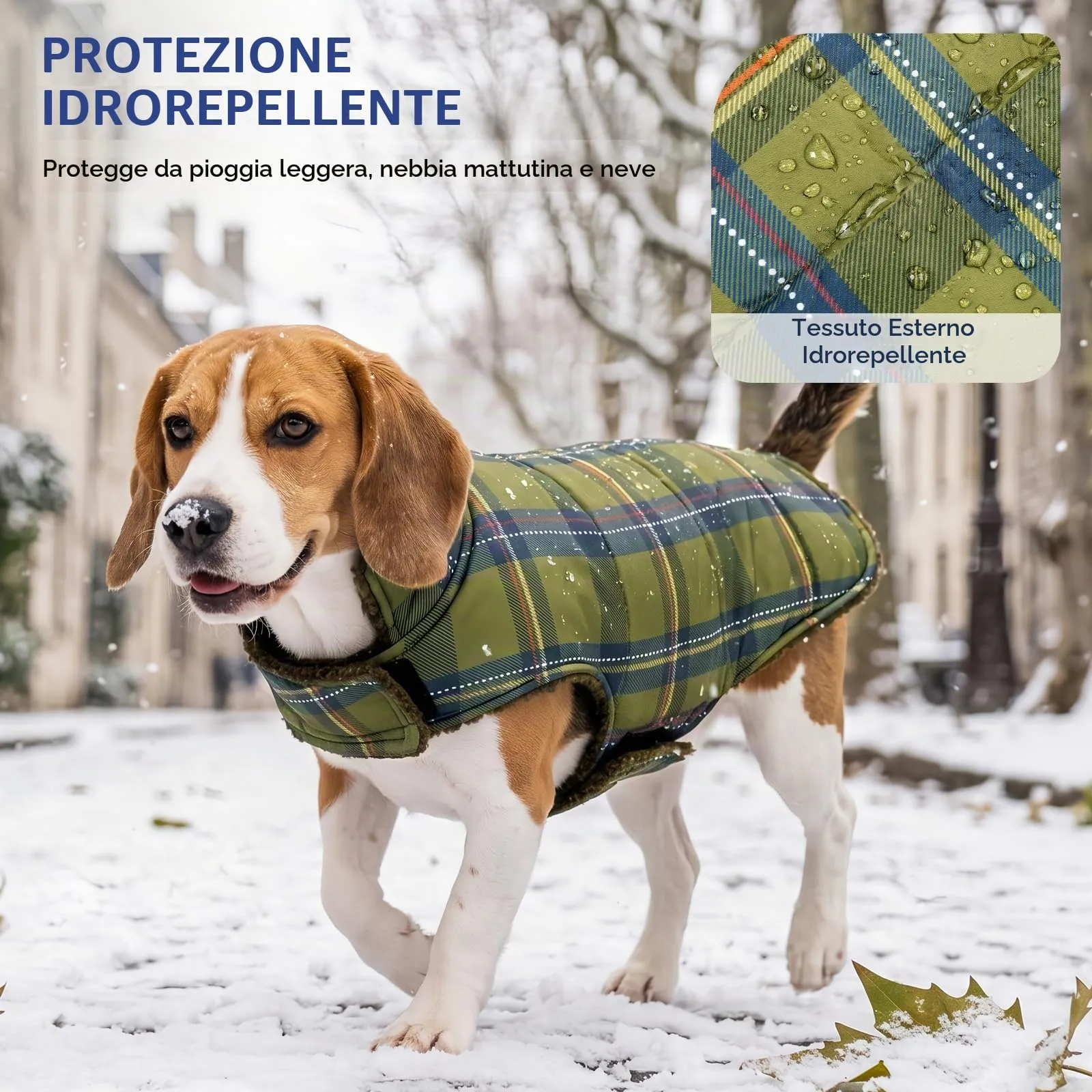 ASENKU Cappotto Cane Invernale Impermeabile Reversibile, Tartan e Pile, Taglia M, Verde Militare - immagine 4