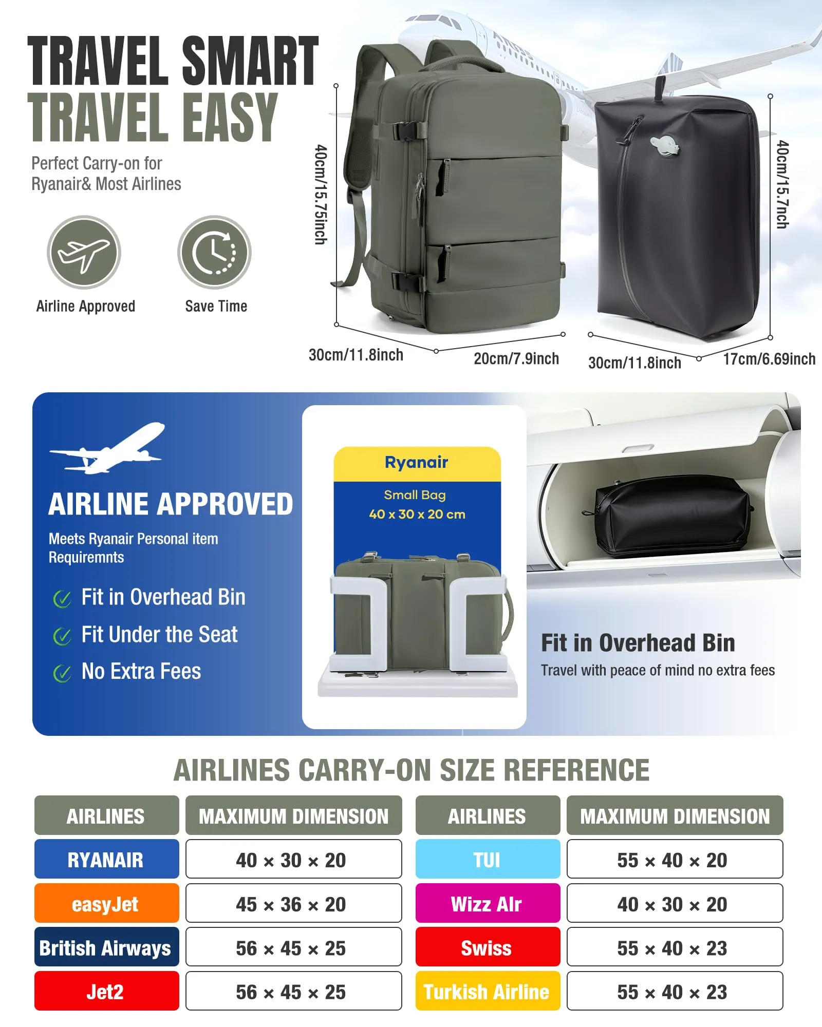 BJLFS Zaino da Viaggio Sottovuoto con Pompa 40x30x20 cm Impermeabile per Ryanair Wizzair Easyjet - immagine 2