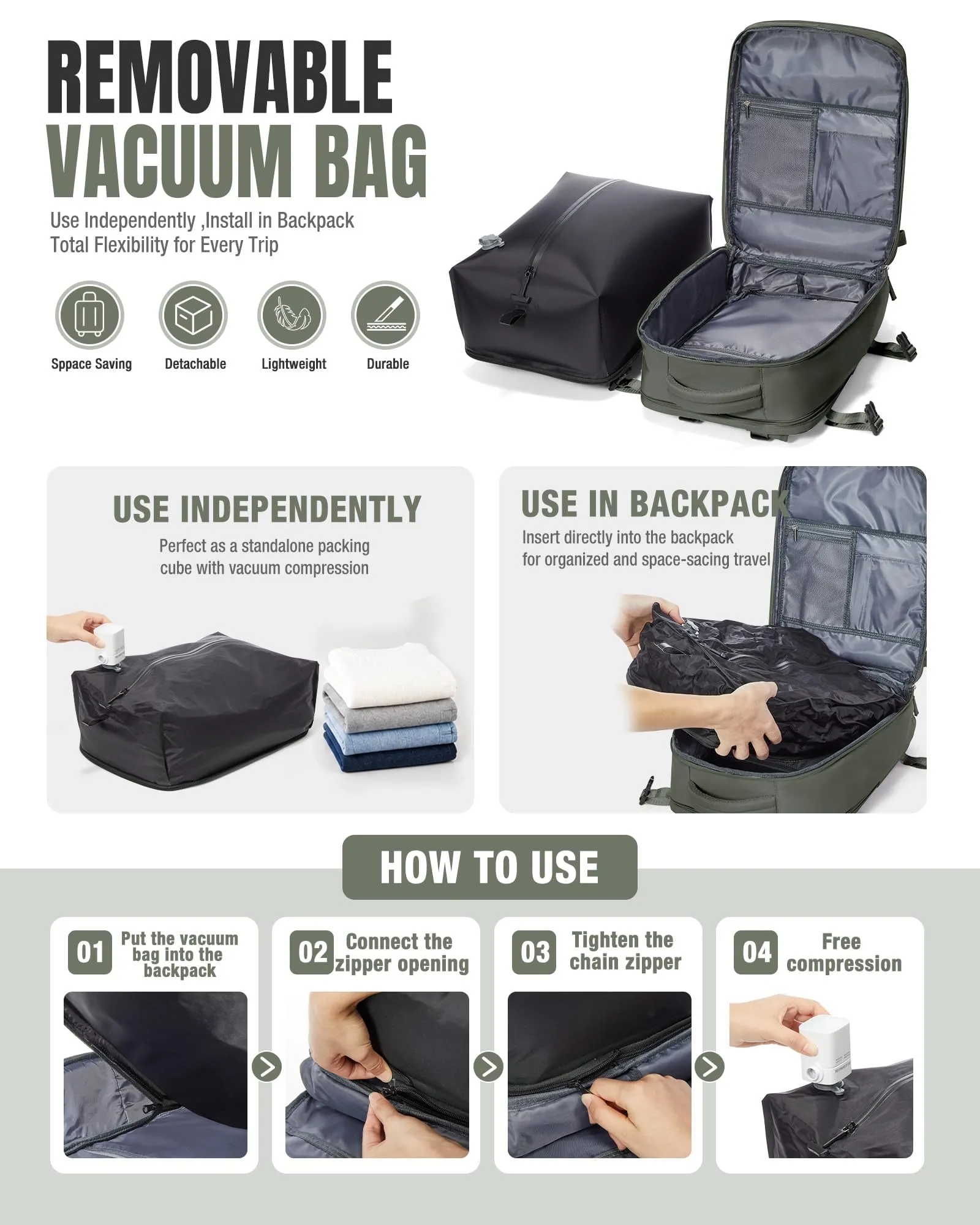 BJLFS Zaino da Viaggio Sottovuoto con Pompa 40x30x20 cm Impermeabile per Ryanair Wizzair Easyjet - immagine 3