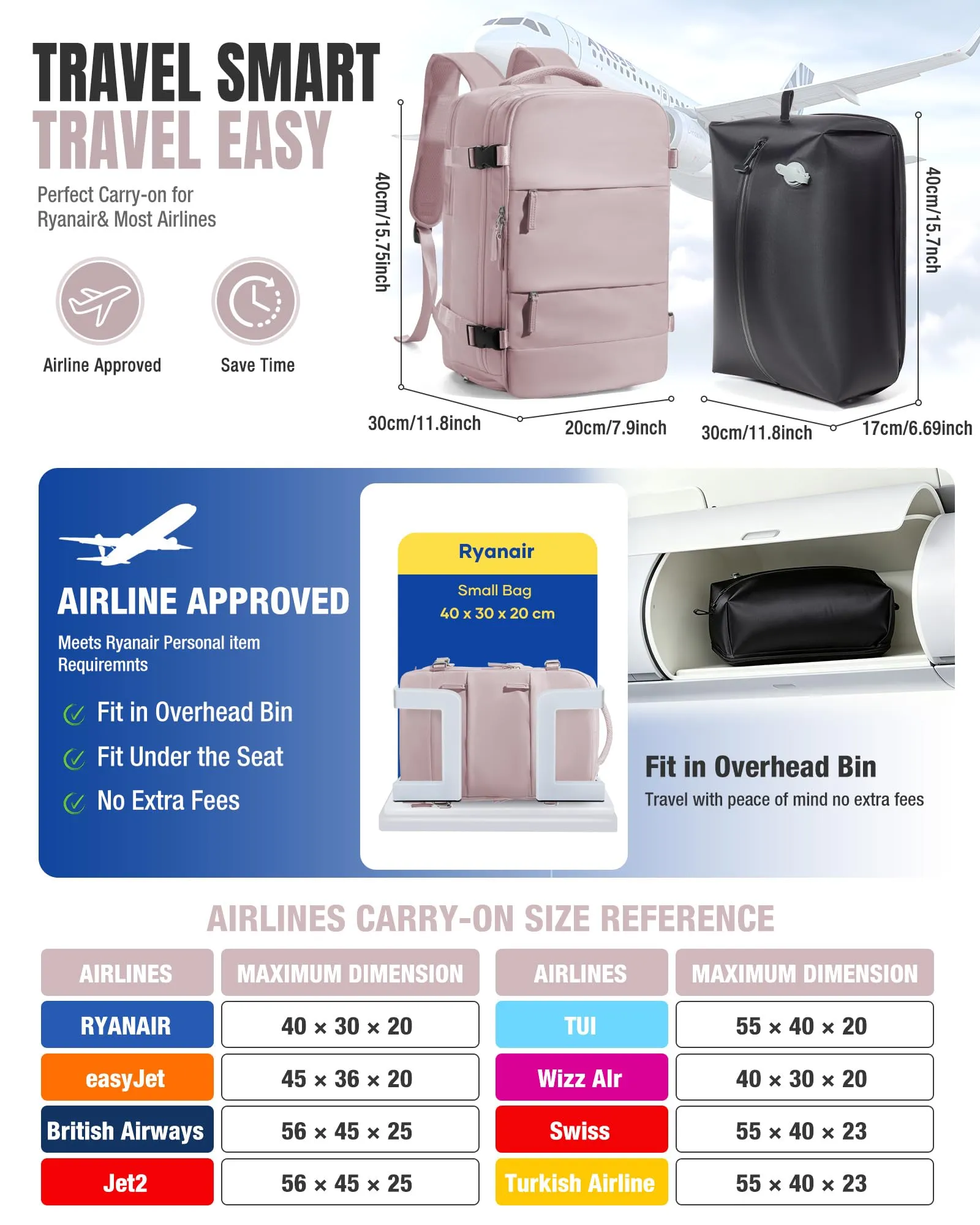 BJLFS Zaino da Viaggio Sottovuoto con Pompa, 40x30x20 cm, Impermeabile per Ryanair, Wizzair, Easyjet, Donna - immagine 2